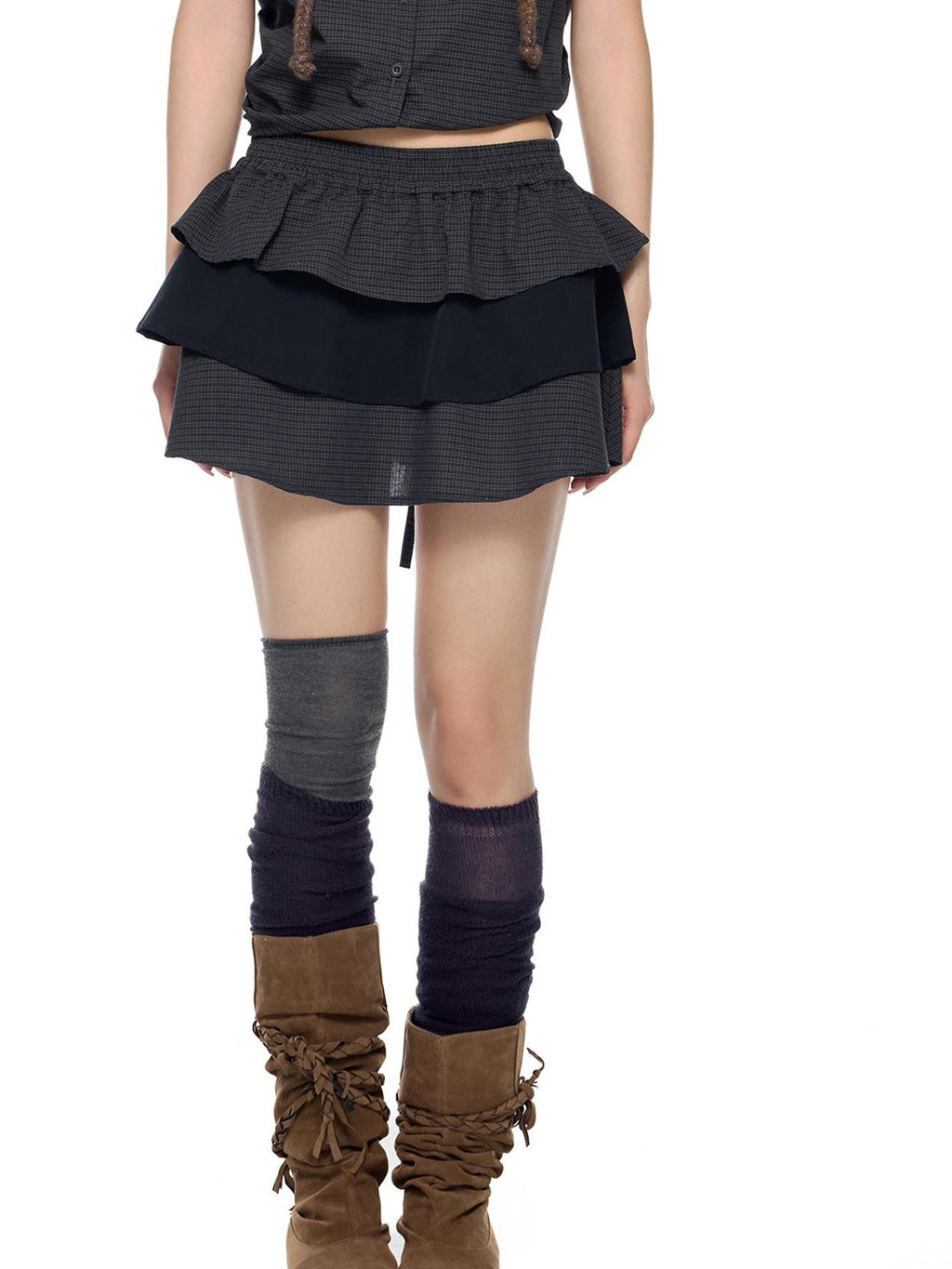 EZEK Plaid Pleated Paneled Button Front Short Sleeve Collared Shirt Women's High Waist Matching Skirt Sets