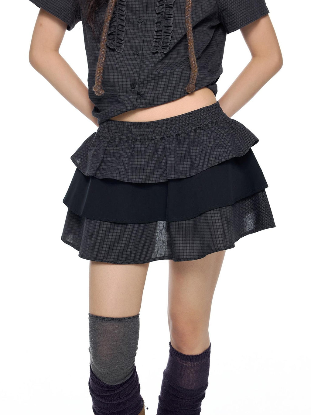 EZEK Plaid Pleated Paneled Button Front Short Sleeve Collared Shirt Women's High Waist Matching Skirt Sets