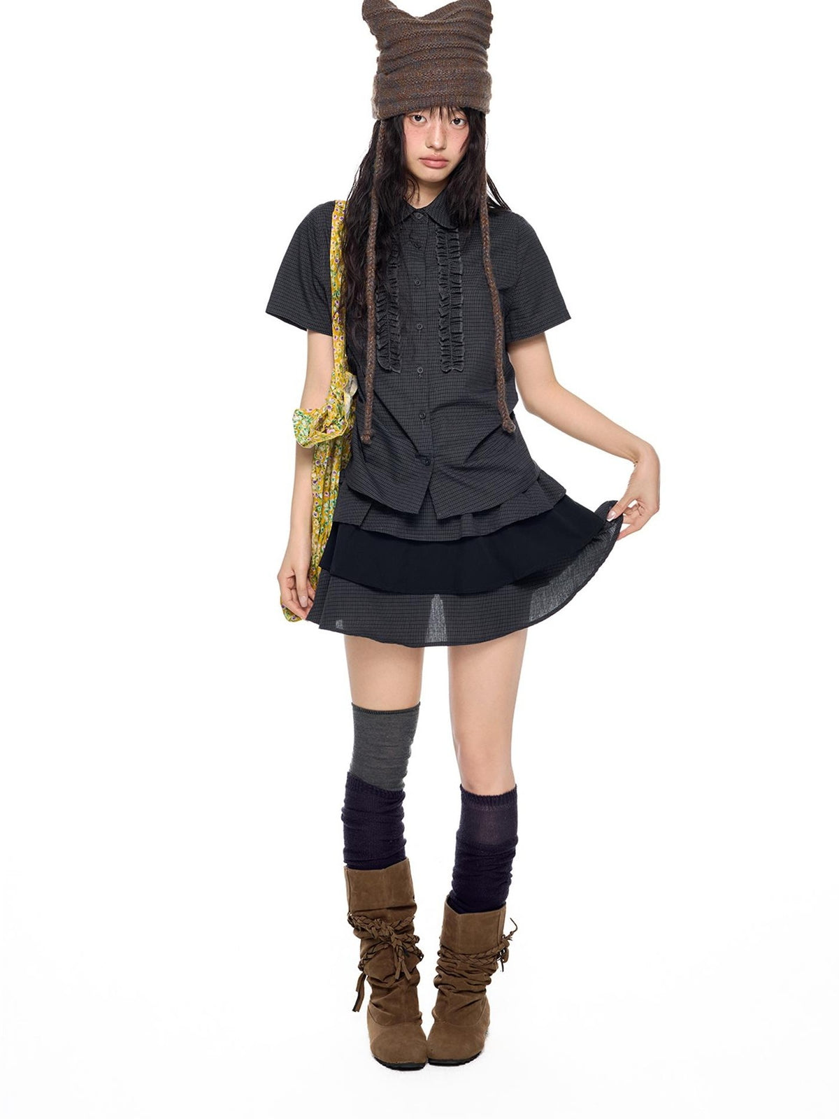 EZEK Plaid Pleated Paneled Button Front Short Sleeve Collared Shirt Women's High Waist Matching Skirt Sets