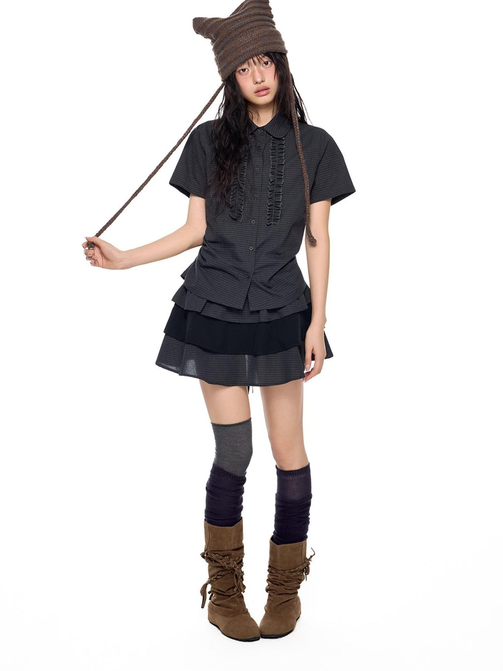EZEK Plaid Pleated Paneled Button Front Short Sleeve Collared Shirt Women's High Waist Matching Skirt Sets