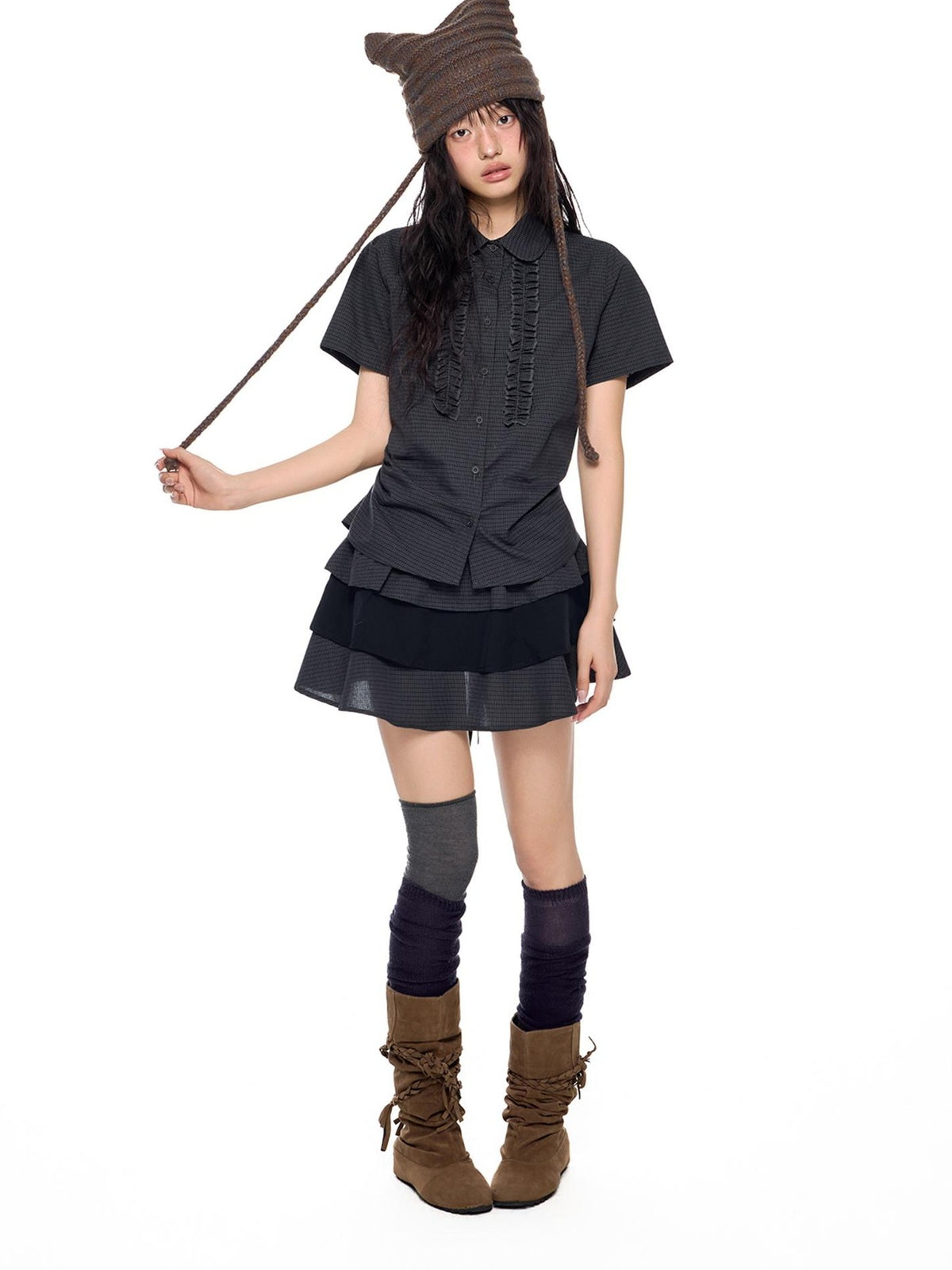 EZEK Plaid Pleated Paneled Button Front Short Sleeve Collared Shirt Women's High Waist Matching Skirt Sets