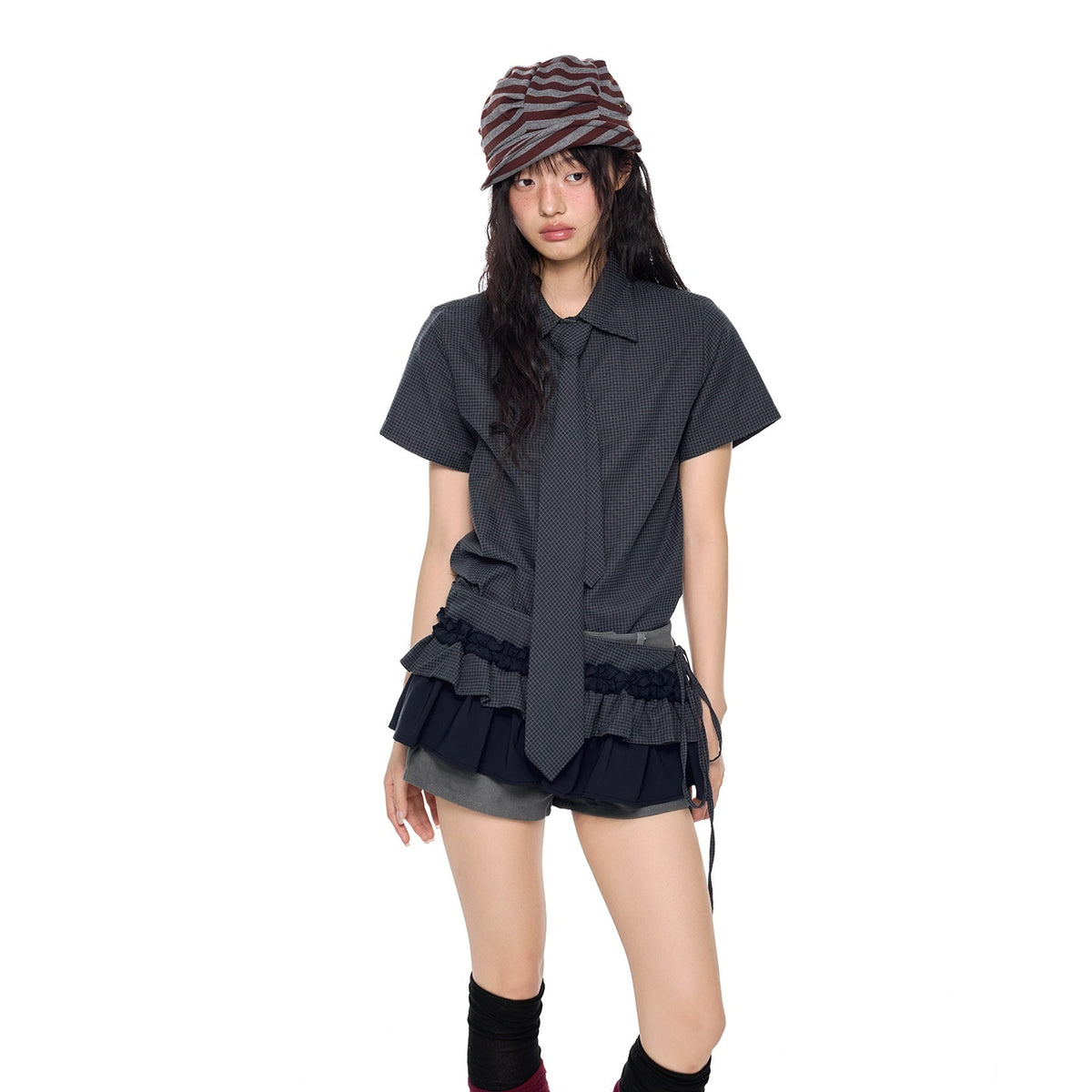 EZEK_Plaid_Pleated_Ruffle_Trim_Slim_Fit_Women's_Polyester_Blouses_959129135690_MISSTT