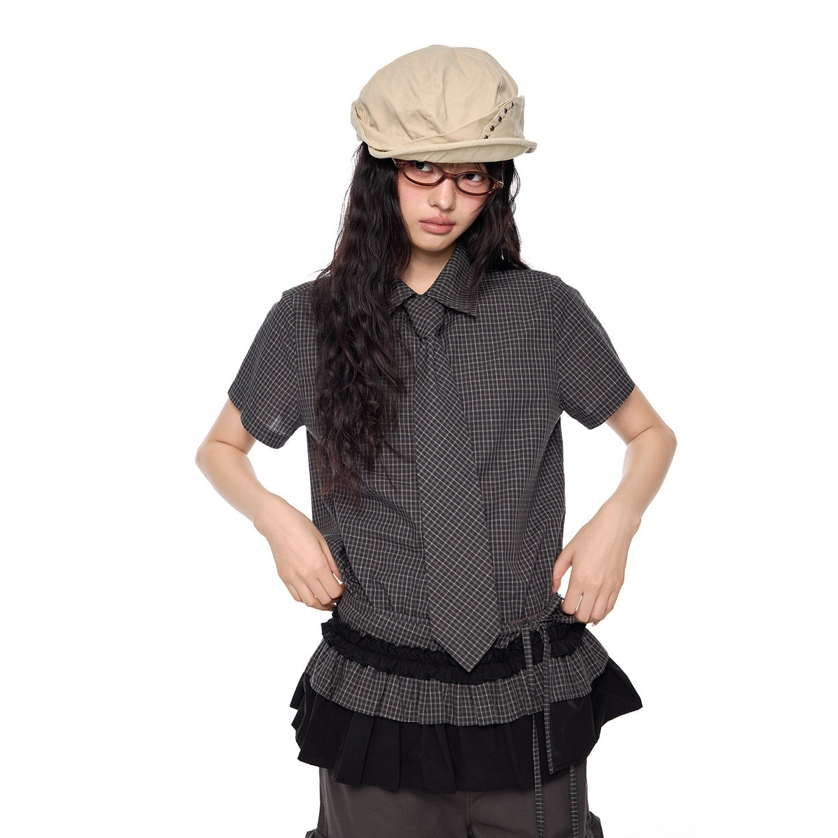 EZEK_Plaid_Pleated_Ruffle_Trim_Slim_Fit_Women's_Polyester_Blouses_959129135690_MISSTT
