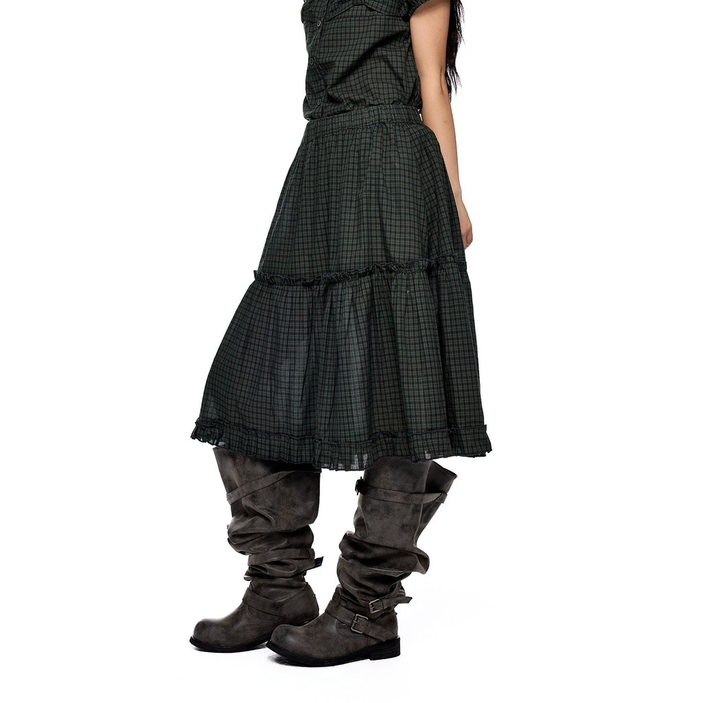 EZEK_Plaid_Polka_Dot_Ruched_Doll_Collar_Short_Sleeve_Women's_Cotton_Matching_Skirt_Sets_1054505305196_MISSTT