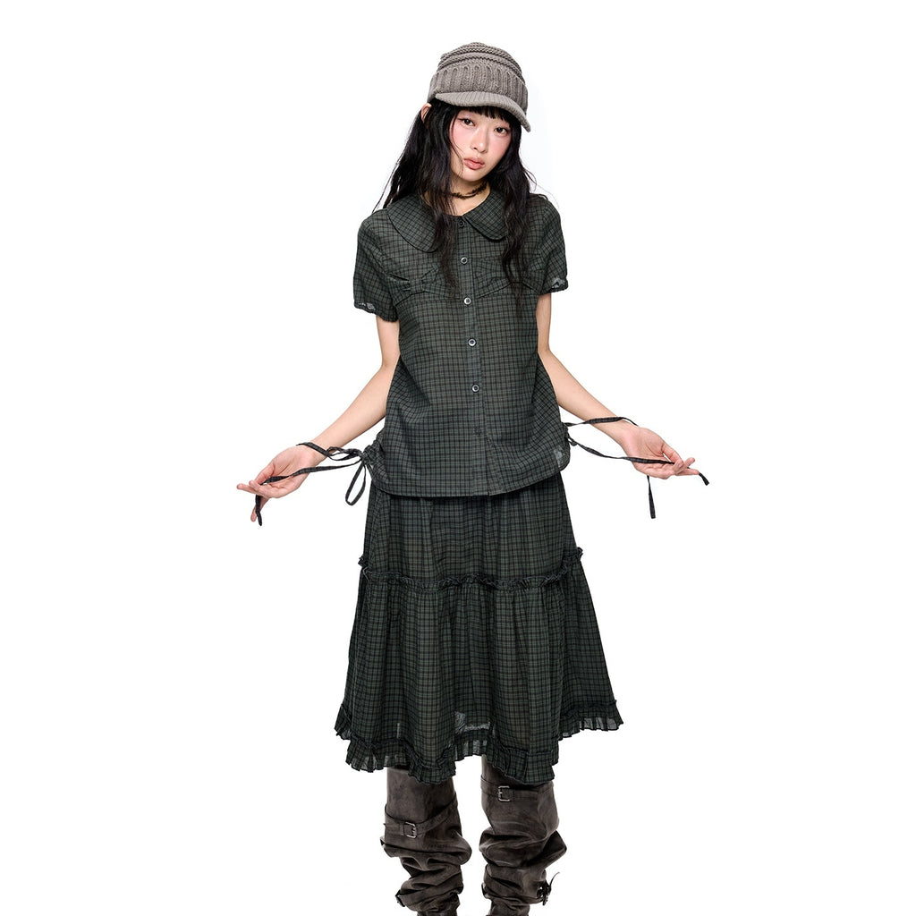 EZEK_Plaid_Polka_Dot_Ruched_Doll_Collar_Short_Sleeve_Women's_Cotton_Matching_Skirt_Sets_1054505305196_MISSTT