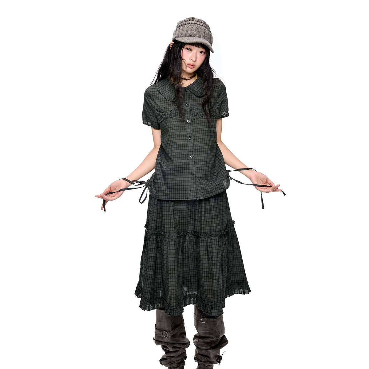 EZEK_Plaid_Polka_Dot_Ruched_Doll_Collar_Short_Sleeve_Women's_Cotton_Matching_Skirt_Sets_1054505305196_MISSTT