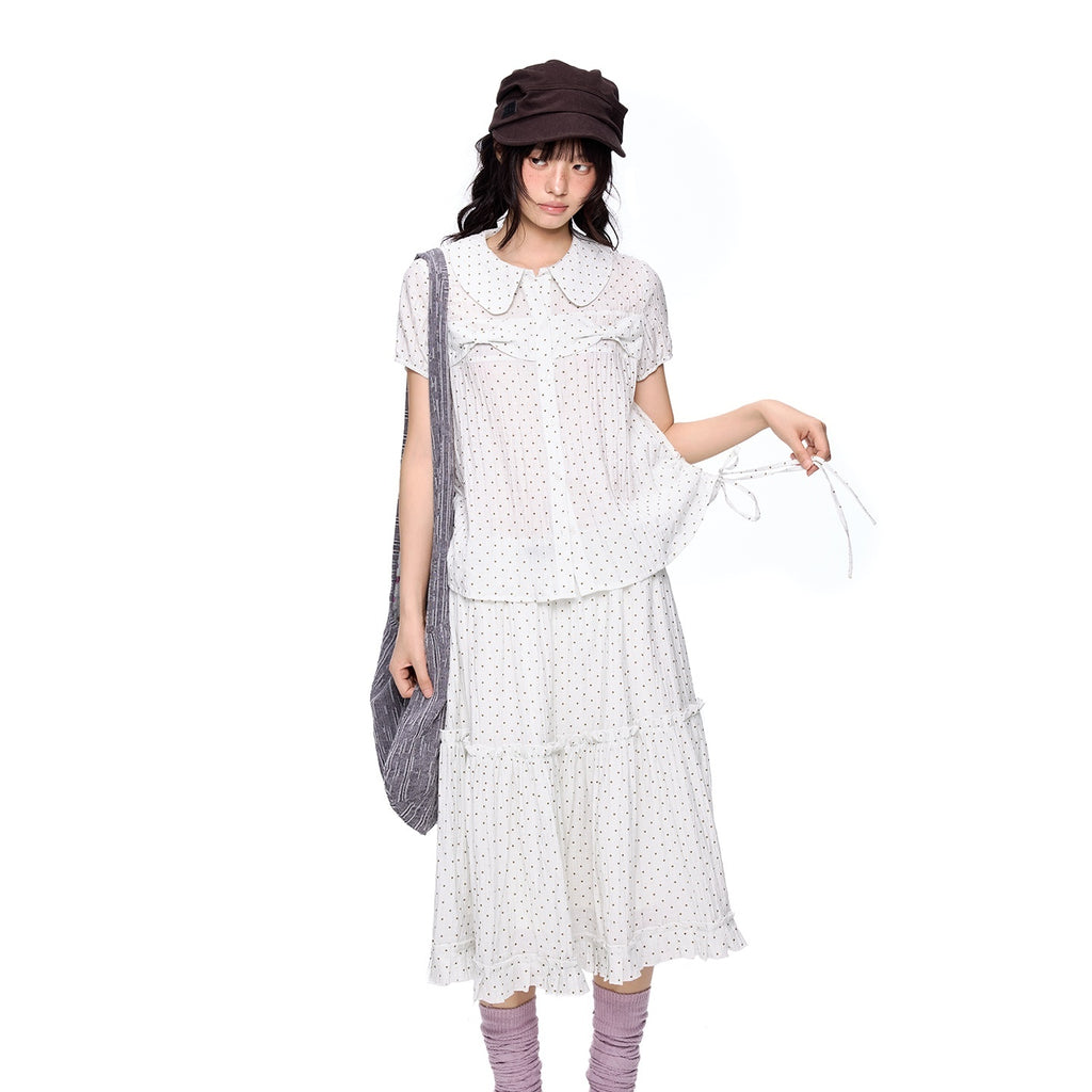 EZEK_Plaid_Polka_Dot_Ruched_Doll_Collar_Short_Sleeve_Women's_Cotton_Matching_Skirt_Sets_1054505305196_MISSTT