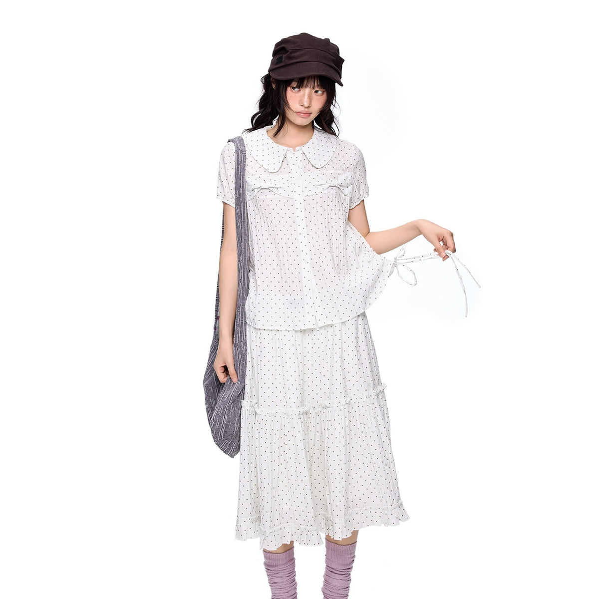 EZEK_Plaid_Polka_Dot_Ruched_Doll_Collar_Short_Sleeve_Women's_Cotton_Matching_Skirt_Sets_1054505305196_MISSTT