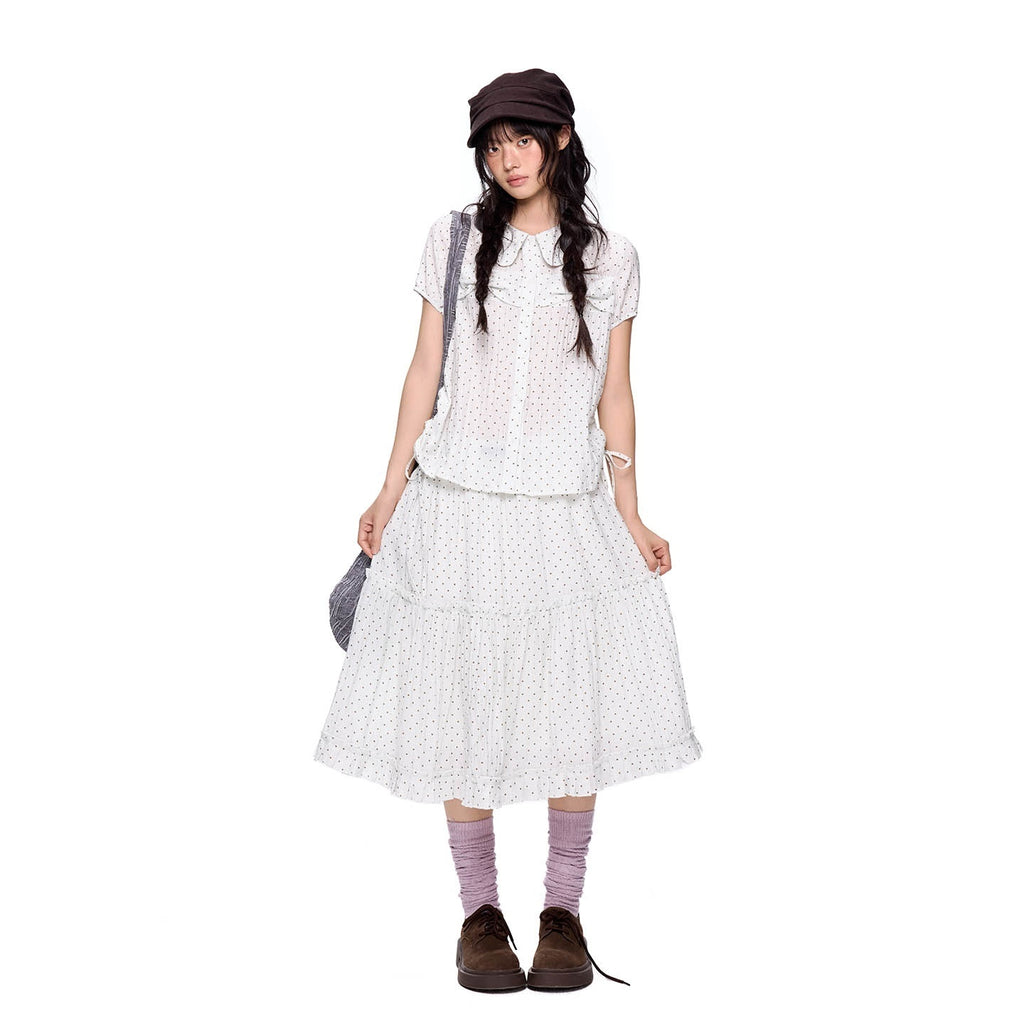 EZEK_Plaid_Polka_Dot_Ruched_Doll_Collar_Short_Sleeve_Women's_Cotton_Matching_Skirt_Sets_1054505305196_MISSTT