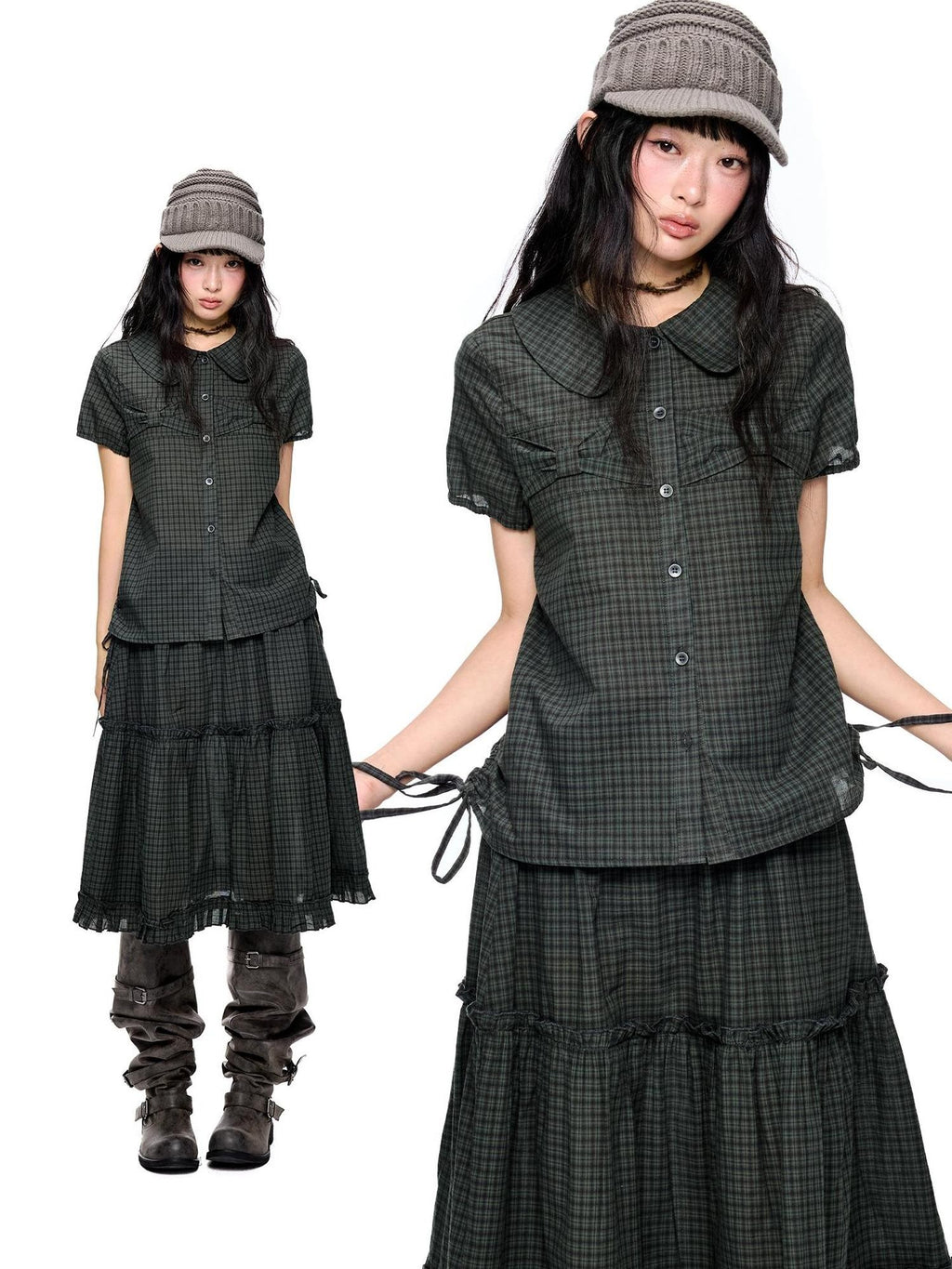 EZEK Plaid Polka Dot Ruched Doll Collar Short Sleeve Women's Cotton Matching Skirt Sets