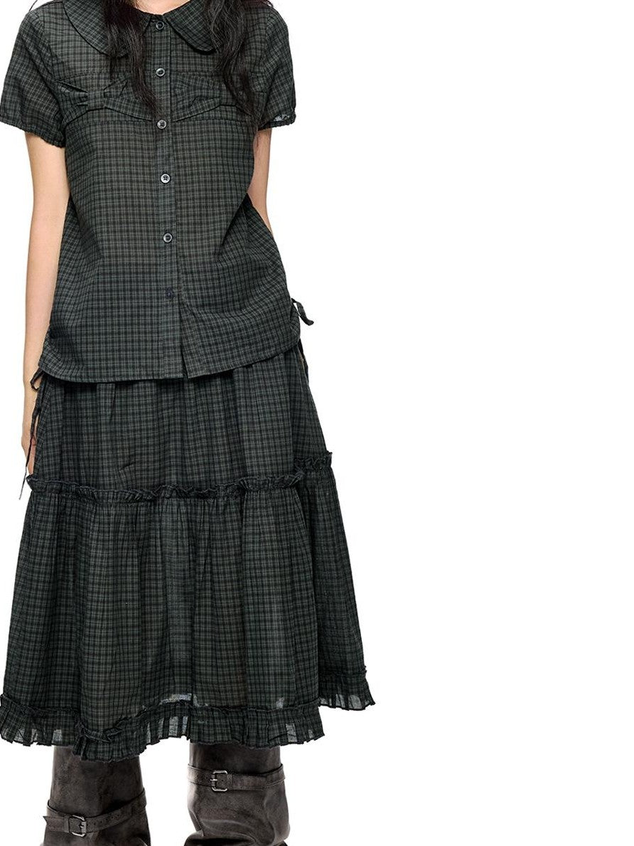 EZEK Plaid Polka Dot Ruched Doll Collar Short Sleeve Women's Cotton Matching Skirt Sets