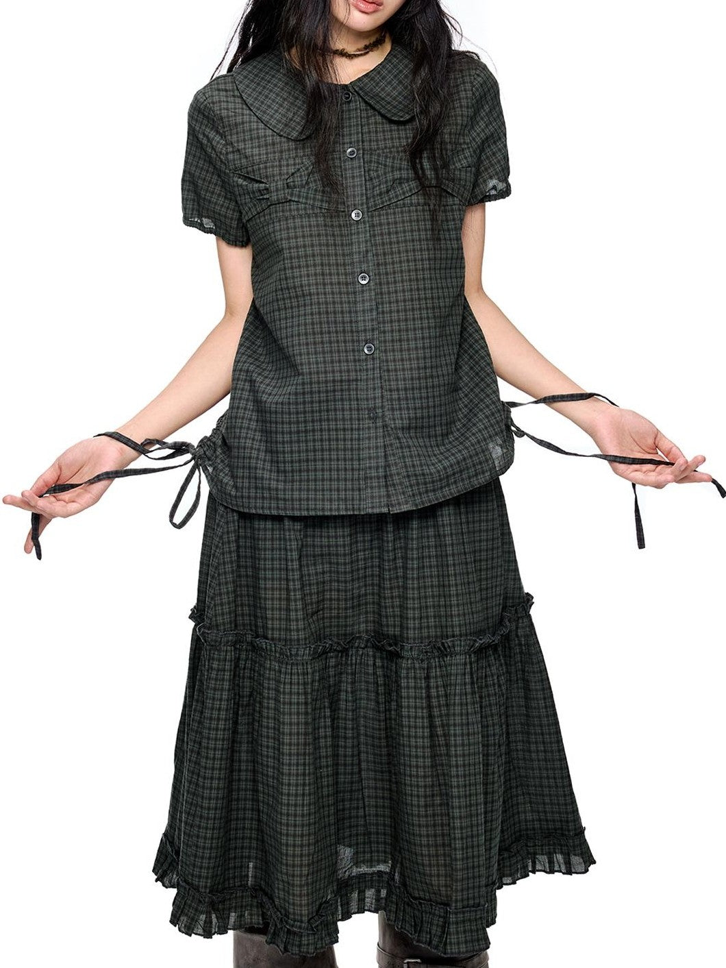 EZEK Plaid Polka Dot Ruched Doll Collar Short Sleeve Women's Cotton Matching Skirt Sets
