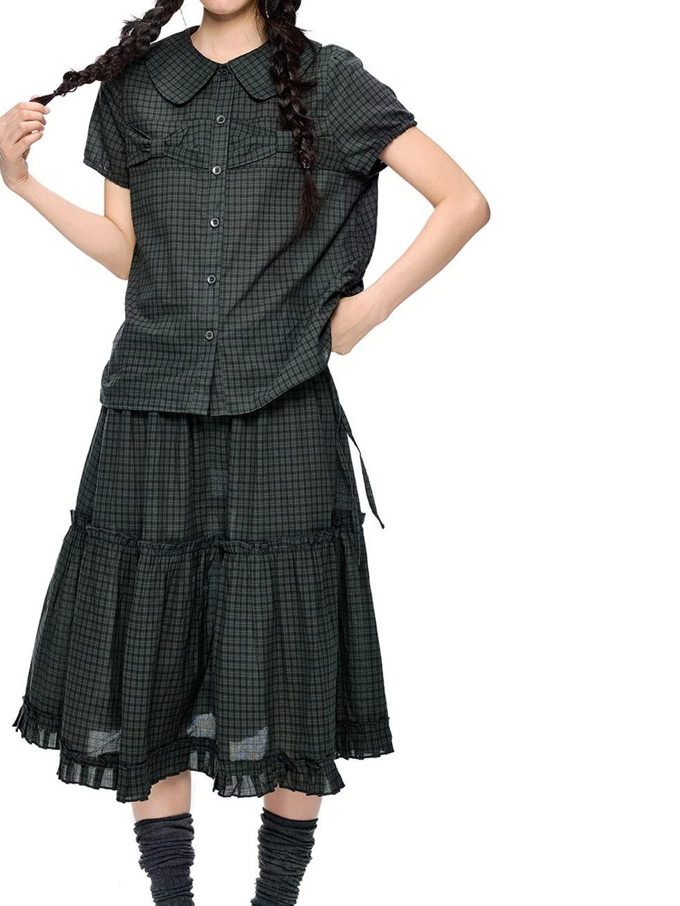 EZEK Plaid Polka Dot Ruched Doll Collar Short Sleeve Women's Cotton Matching Skirt Sets