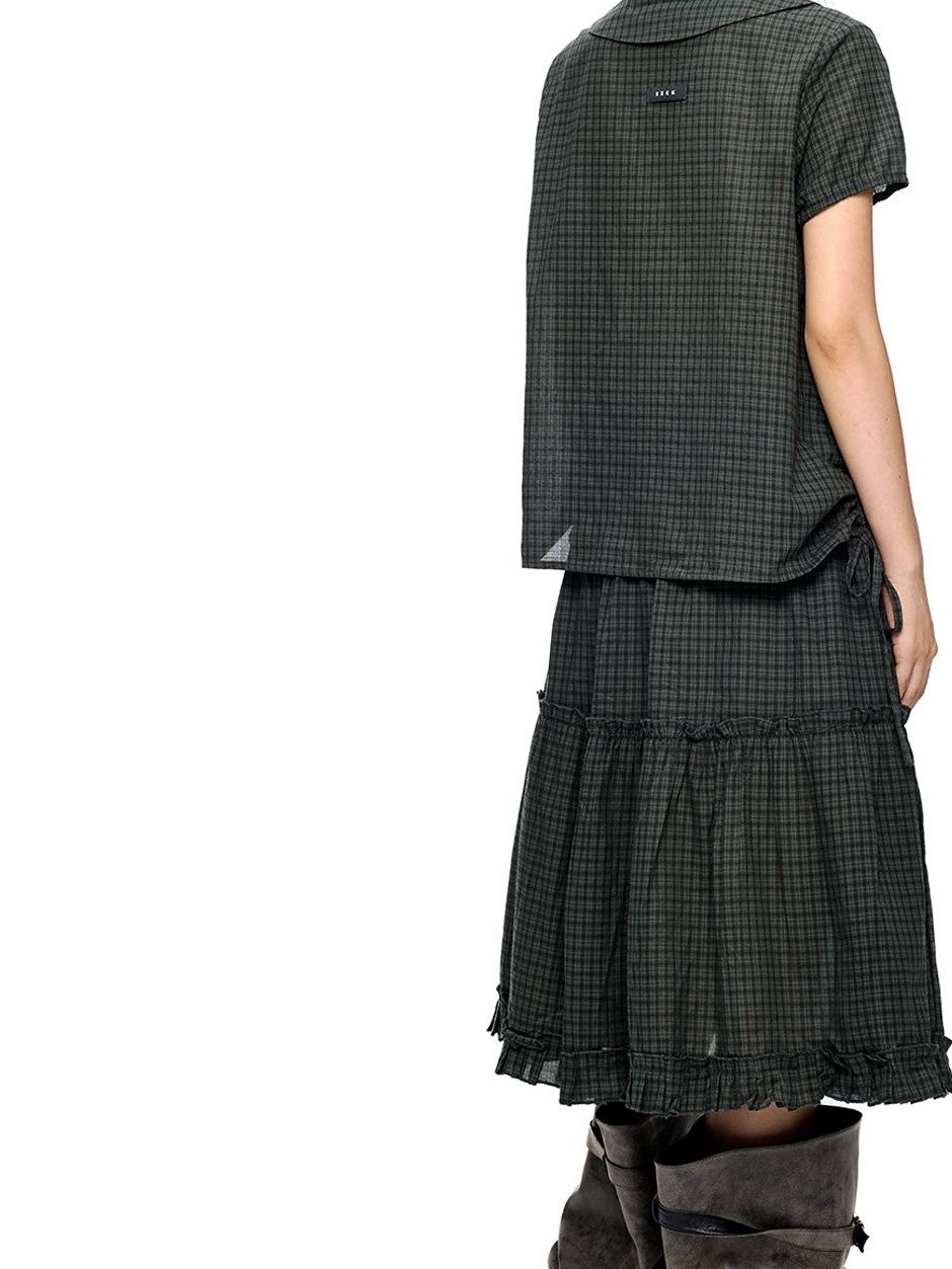EZEK Plaid Polka Dot Ruched Doll Collar Short Sleeve Women's Cotton Matching Skirt Sets