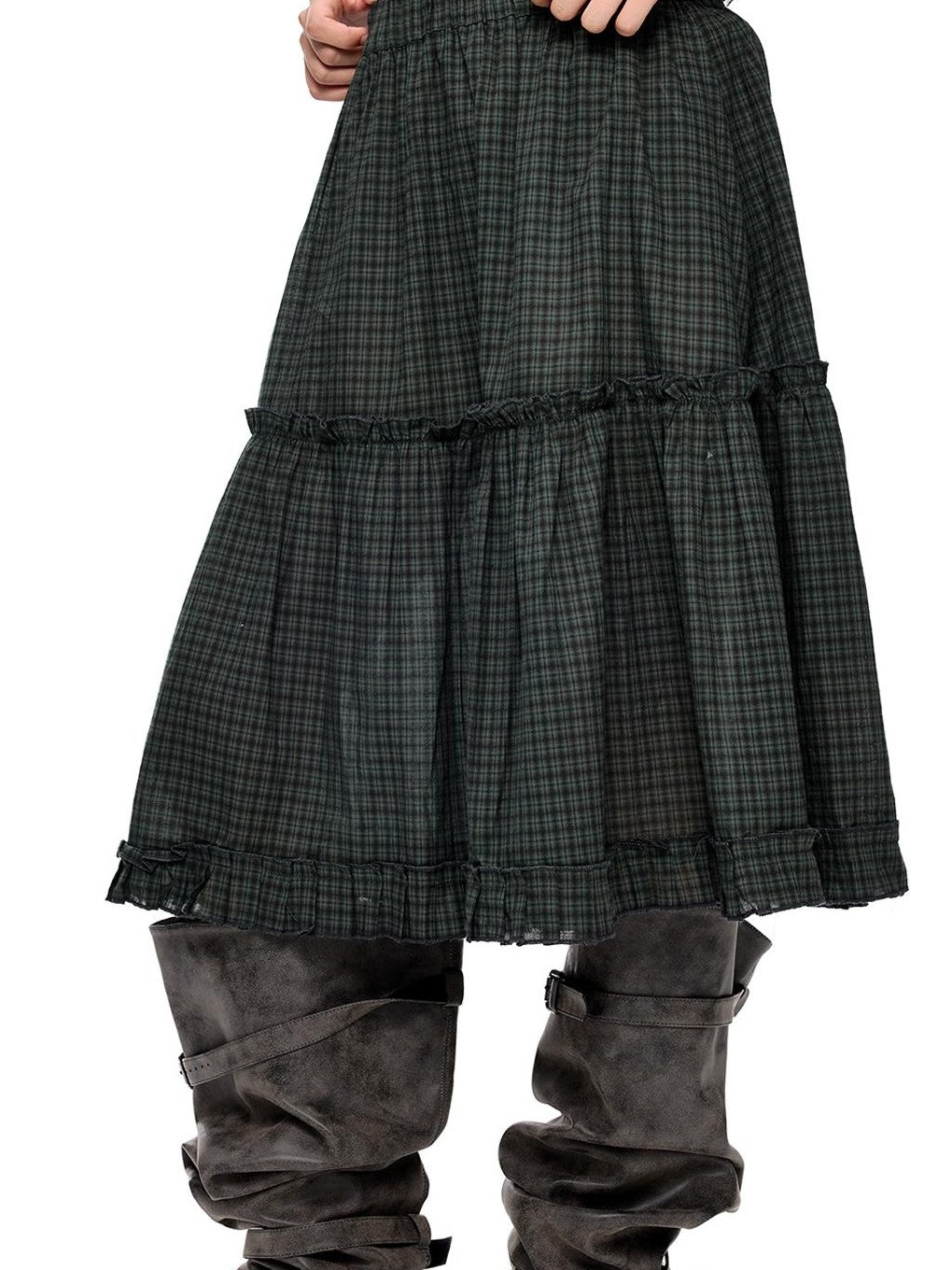 EZEK Plaid Polka Dot Ruched Doll Collar Short Sleeve Women's Cotton Matching Skirt Sets