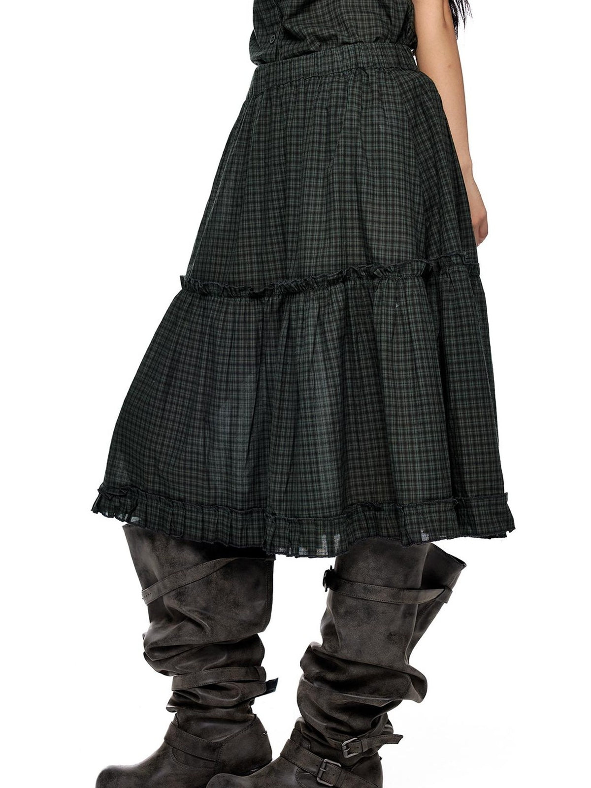 EZEK Plaid Polka Dot Ruched Doll Collar Short Sleeve Women's Cotton Matching Skirt Sets