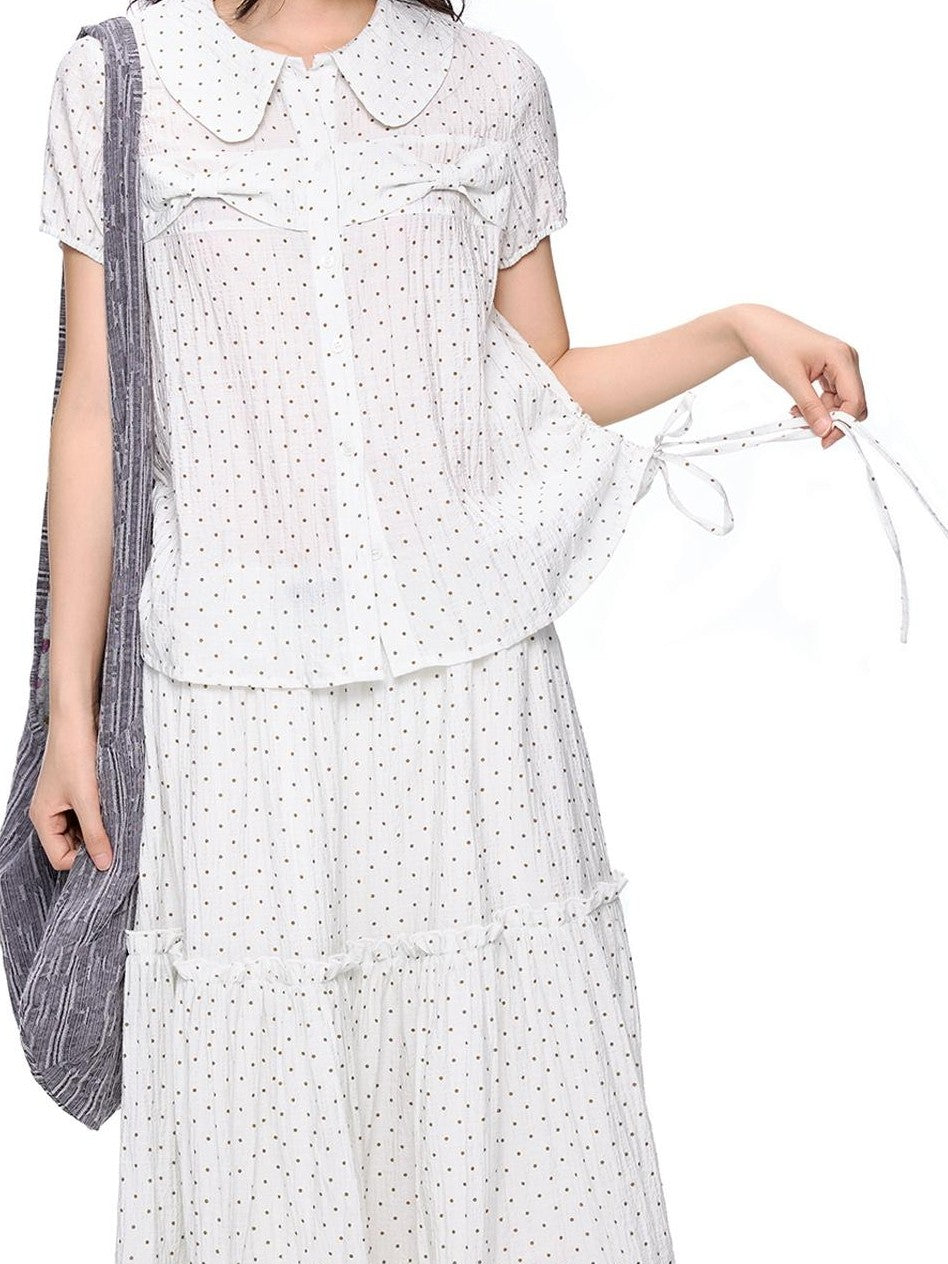 EZEK Plaid Polka Dot Ruched Doll Collar Short Sleeve Women's Cotton Matching Skirt Sets