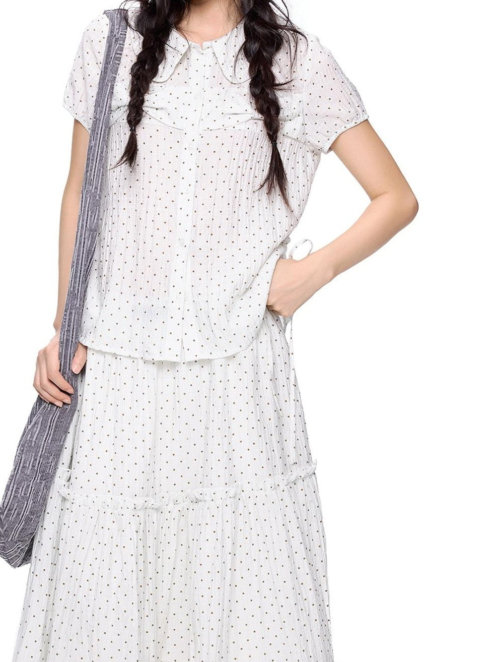 EZEK Plaid Polka Dot Ruched Doll Collar Short Sleeve Women's Cotton Matching Skirt Sets