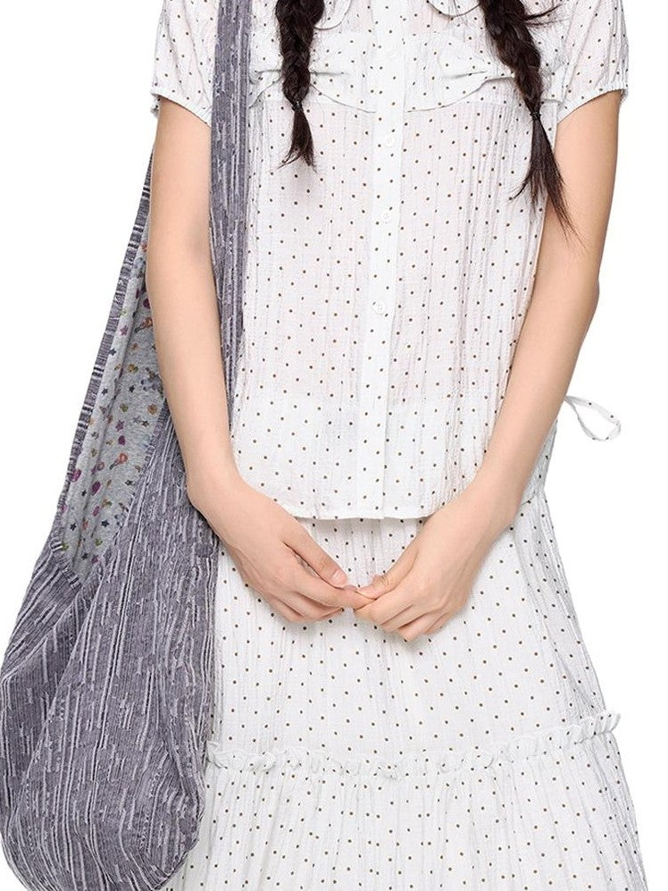 EZEK Plaid Polka Dot Ruched Doll Collar Short Sleeve Women's Cotton Matching Skirt Sets