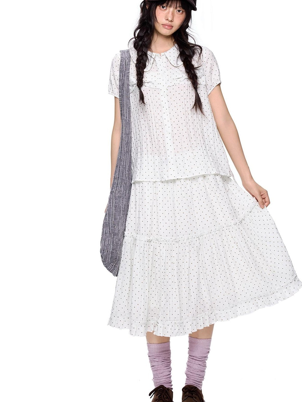 EZEK Plaid Polka Dot Ruched Doll Collar Short Sleeve Women's Cotton Matching Skirt Sets