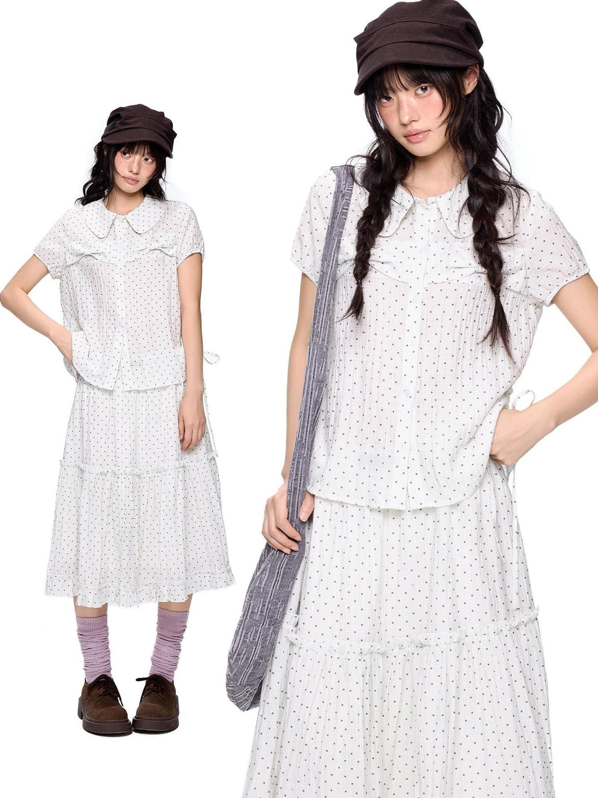 EZEK Plaid Polka Dot Ruched Doll Collar Short Sleeve Women's Cotton Matching Skirt Sets