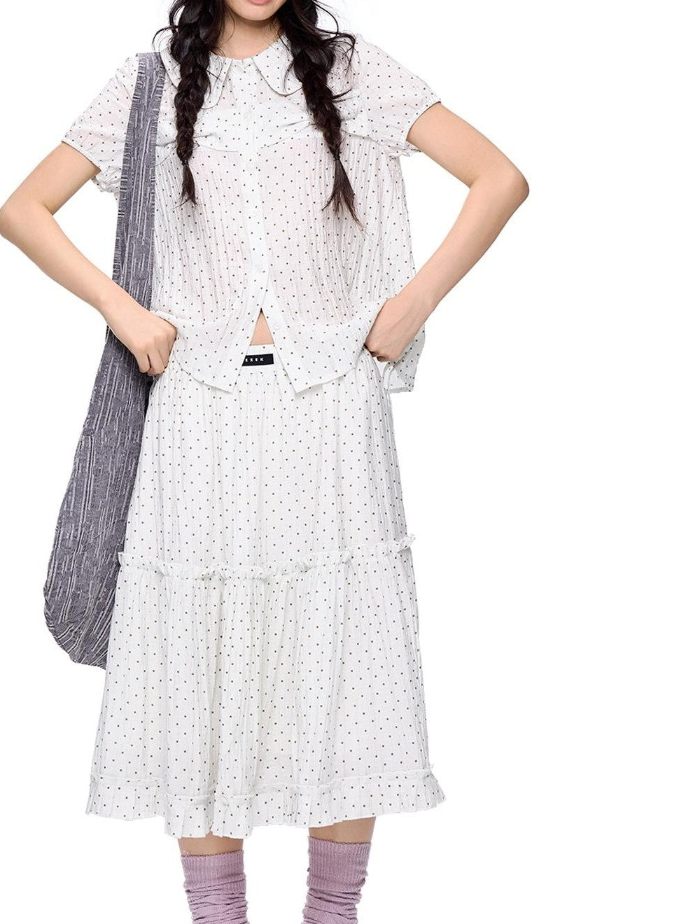 EZEK Plaid Polka Dot Ruched Doll Collar Short Sleeve Women's Cotton Matching Skirt Sets