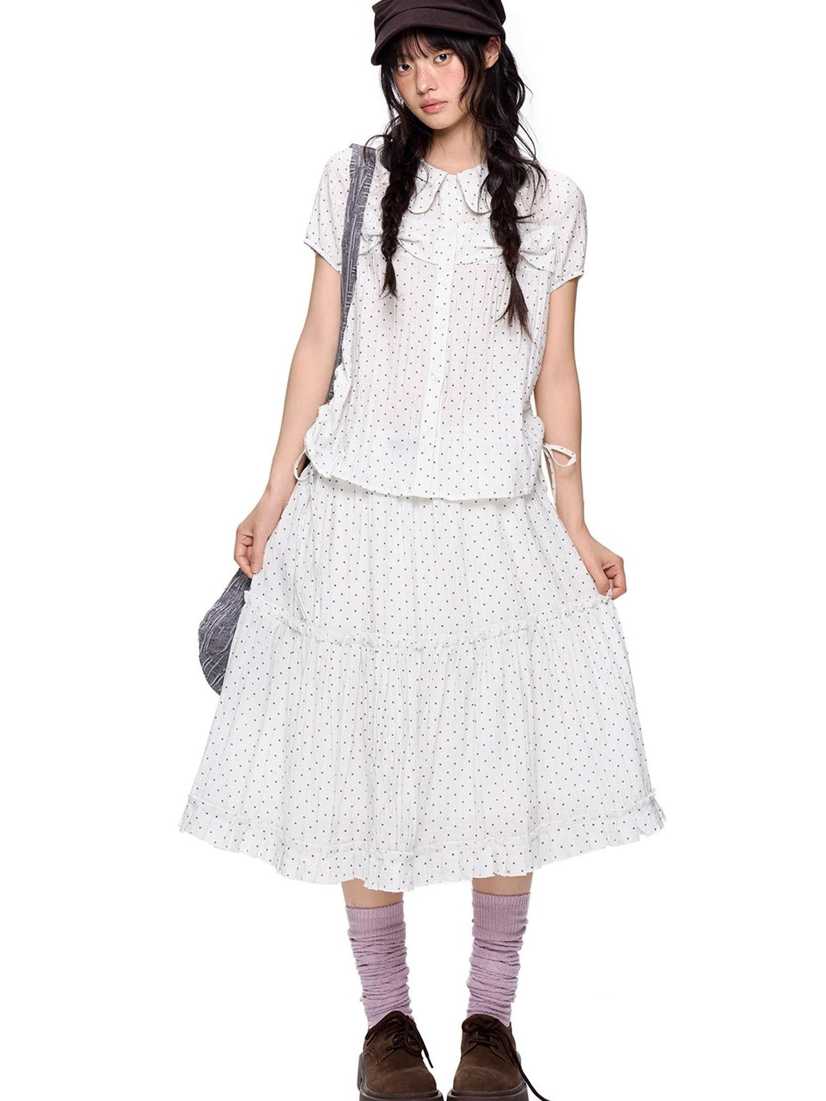 EZEK Plaid Polka Dot Ruched Doll Collar Short Sleeve Women's Cotton Matching Skirt Sets