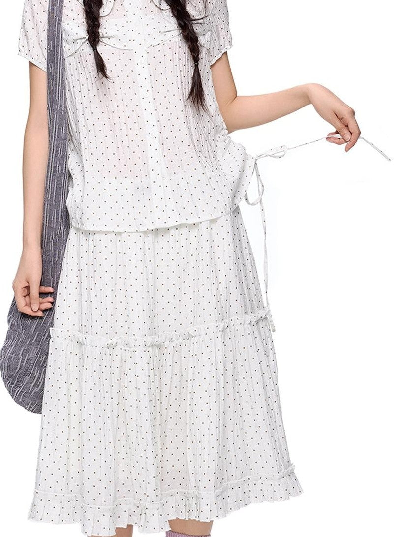 EZEK Plaid Polka Dot Ruched Doll Collar Short Sleeve Women's Cotton Matching Skirt Sets