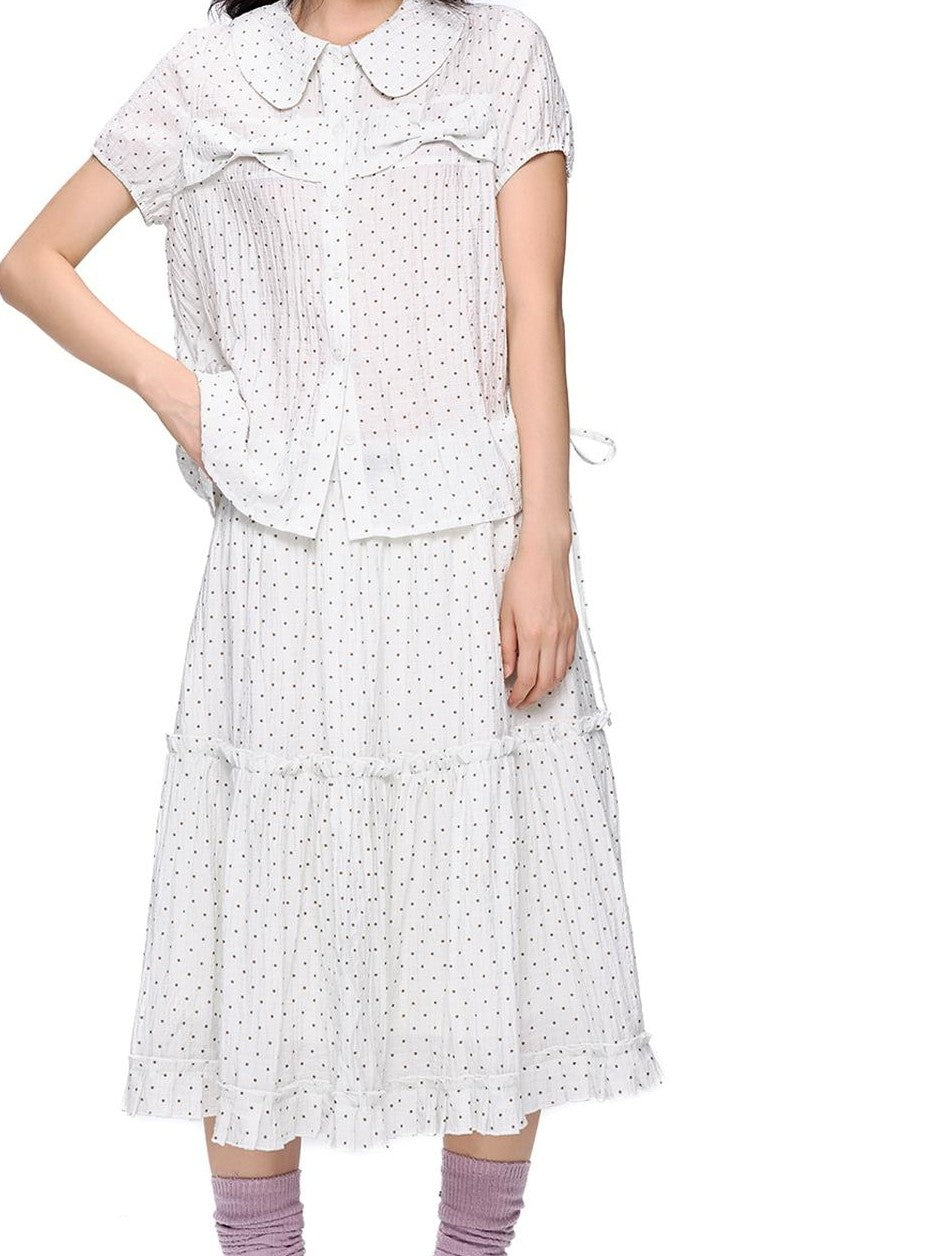 EZEK Plaid Polka Dot Ruched Doll Collar Short Sleeve Women's Cotton Matching Skirt Sets