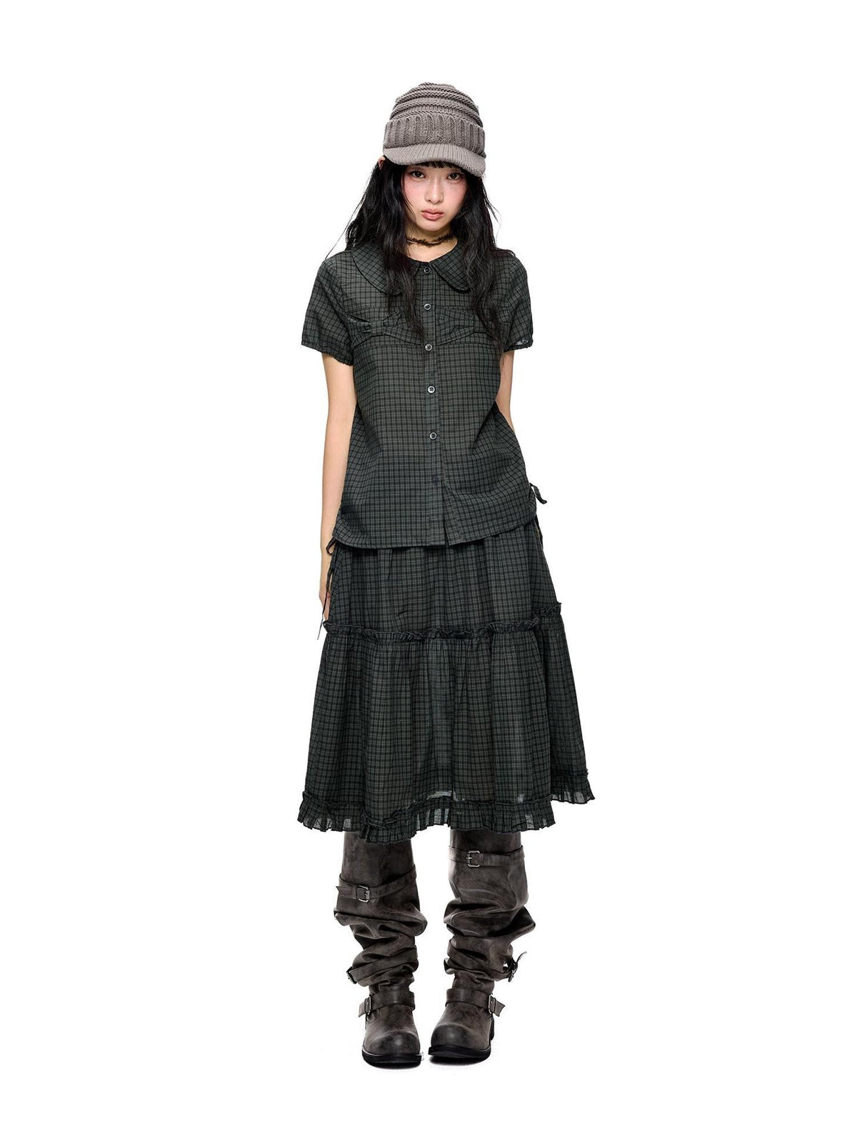 EZEK Plaid Polka Dot Ruched Doll Collar Short Sleeve Women's Cotton Matching Skirt Sets