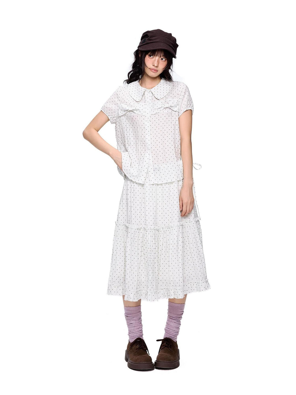 EZEK Plaid Polka Dot Ruched Doll Collar Short Sleeve Women's Cotton Matching Skirt Sets