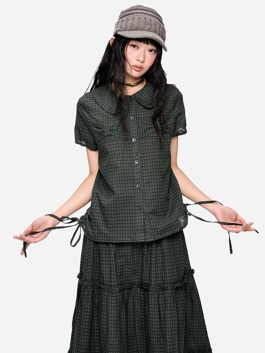 EZEK Plaid Polka Dot Ruched Doll Collar Short Sleeve Women's Cotton Matching Skirt Sets