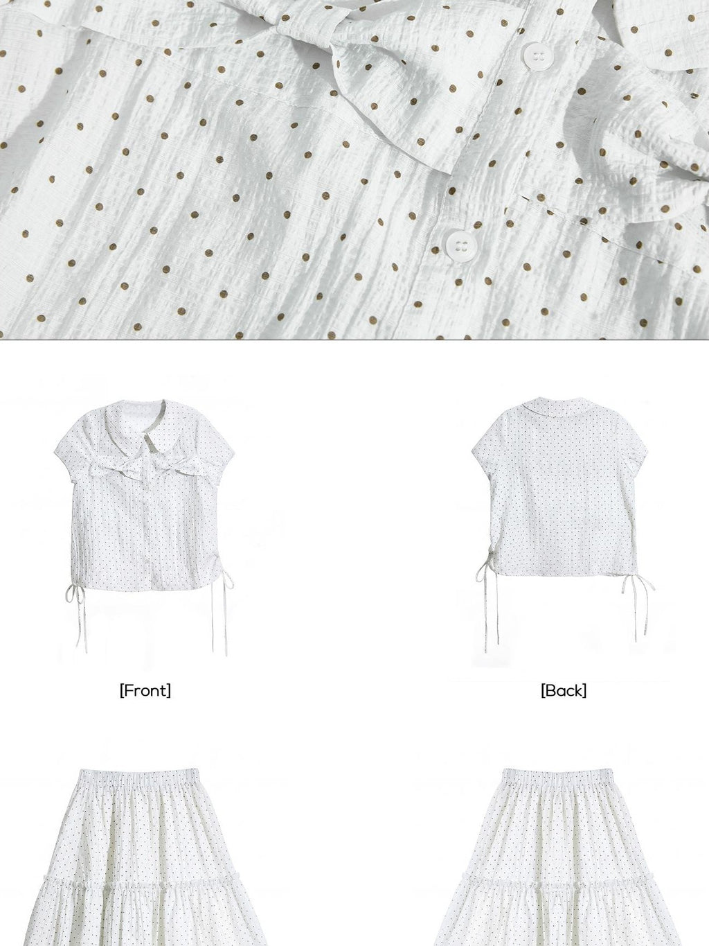 EZEK Plaid Polka Dot Ruched Doll Collar Short Sleeve Women's Cotton Matching Skirt Sets