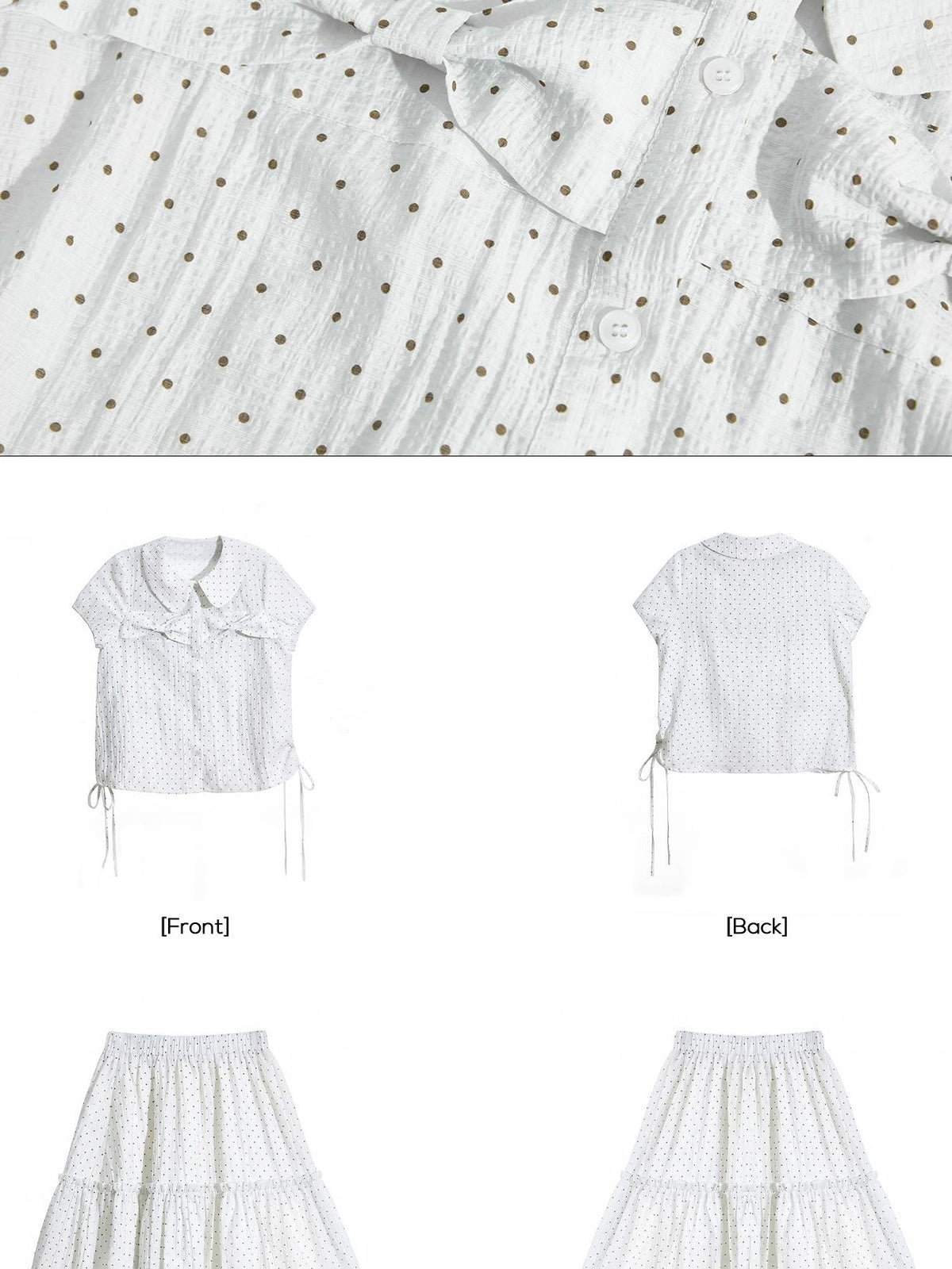 EZEK Plaid Polka Dot Ruched Doll Collar Short Sleeve Women's Cotton Matching Skirt Sets