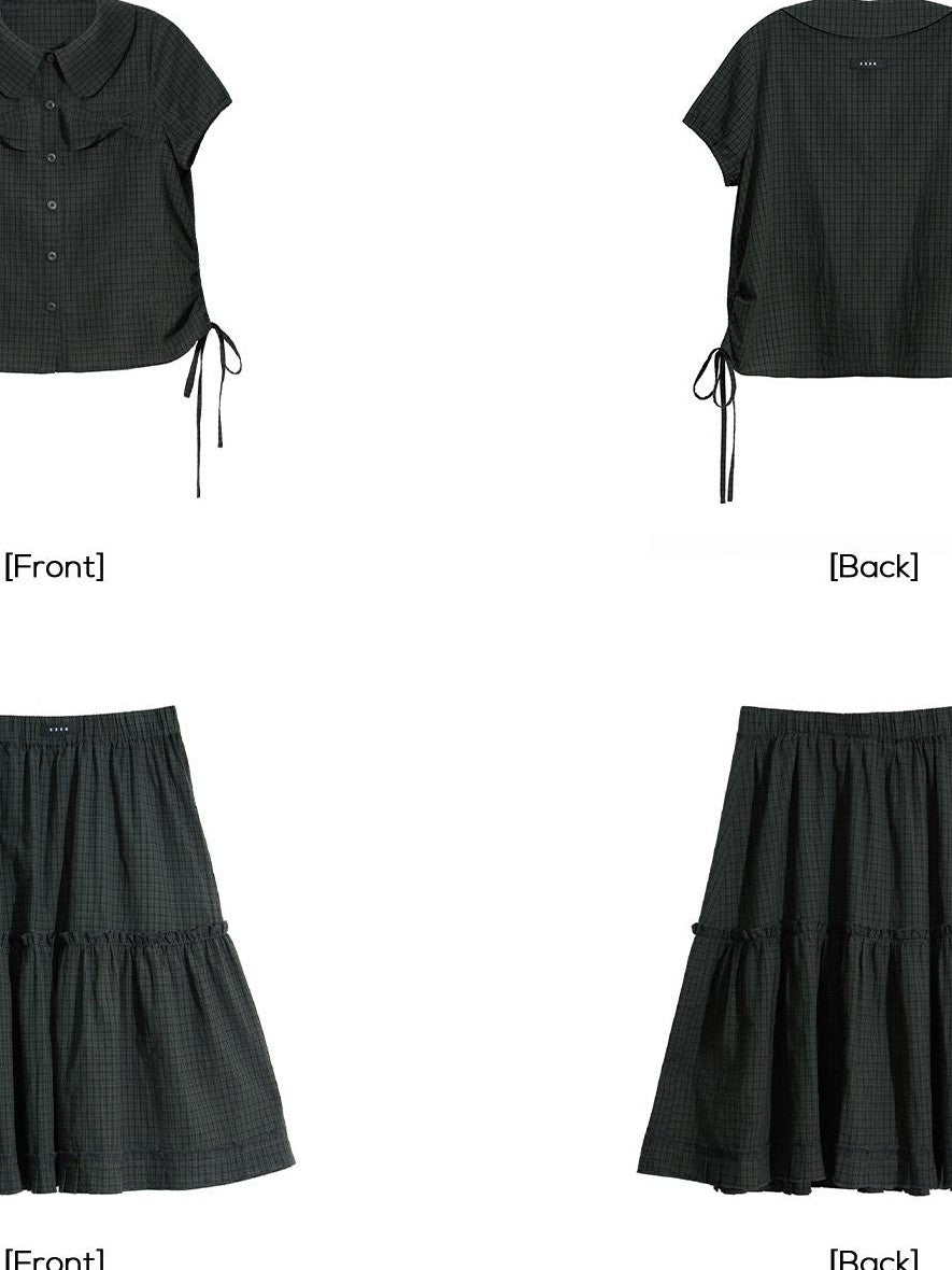 EZEK Plaid Polka Dot Ruched Doll Collar Short Sleeve Women's Cotton Matching Skirt Sets
