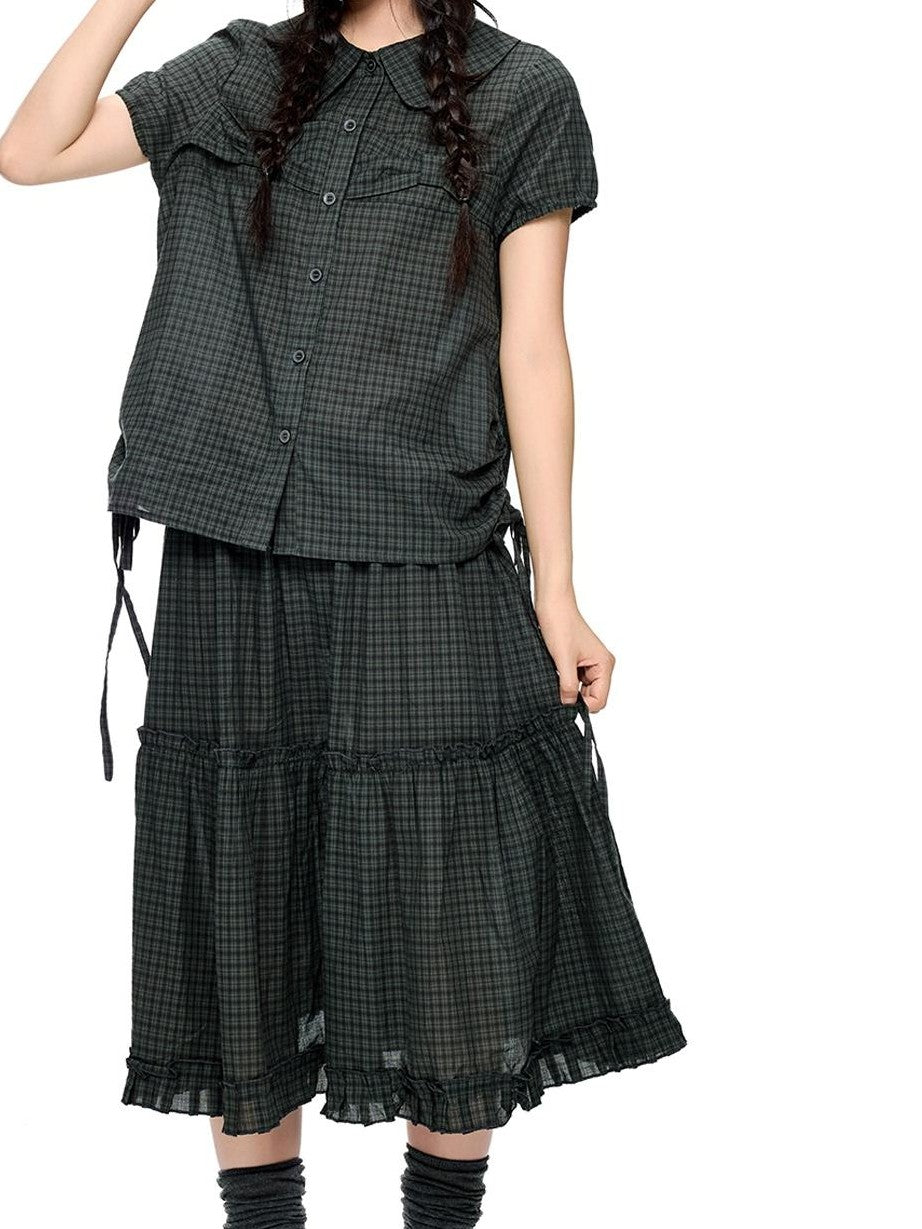 EZEK Plaid Polka Dot Ruched Doll Collar Short Sleeve Women's Cotton Matching Skirt Sets