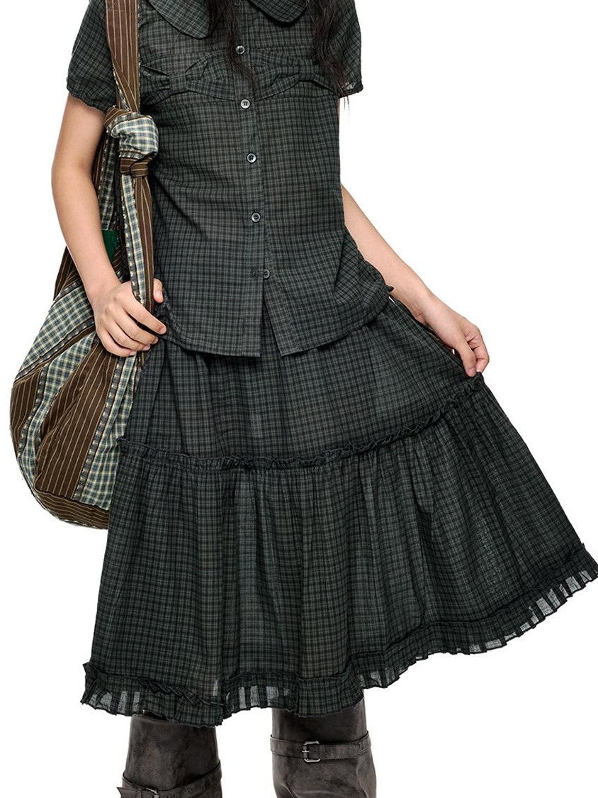 EZEK Plaid Polka Dot Ruched Doll Collar Short Sleeve Women's Cotton Matching Skirt Sets