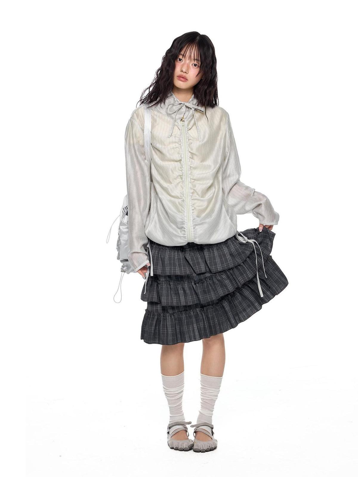 EZEK Plaid Ruched Lace Up Tencel Women's Lightweight Jackets