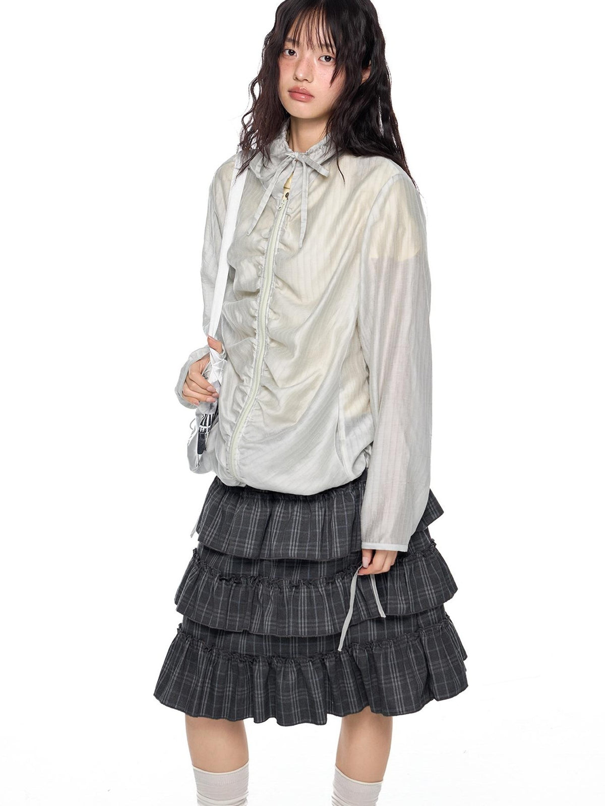 EZEK Plaid Ruched Lace Up Tencel Women's Lightweight Jackets
