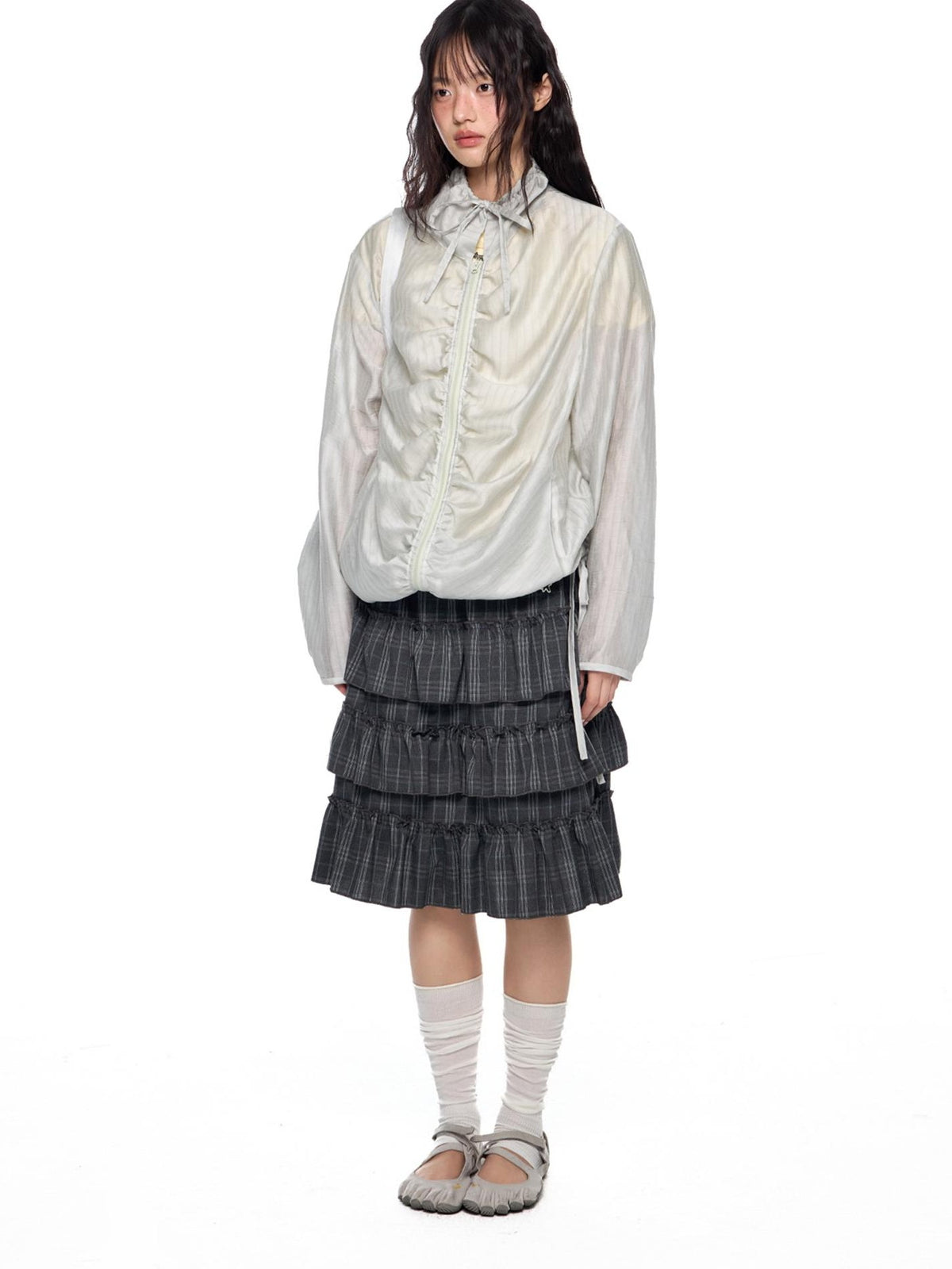 EZEK Plaid Ruched Lace Up Tencel Women's Lightweight Jackets
