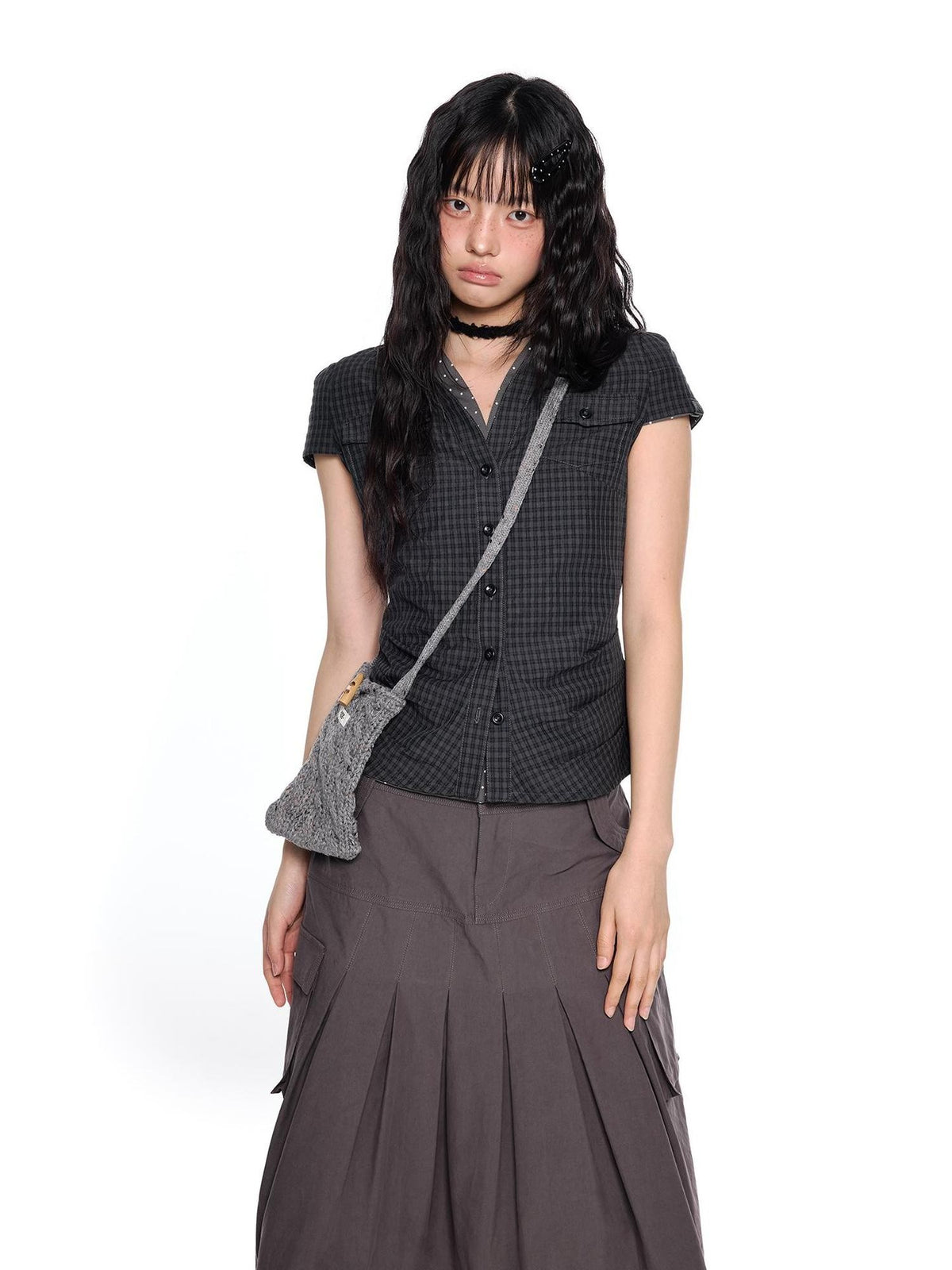EZEK Plaid Ruched Slim Fit Half Open Collar Button Women's Cotton Short Sleeve T-shirts