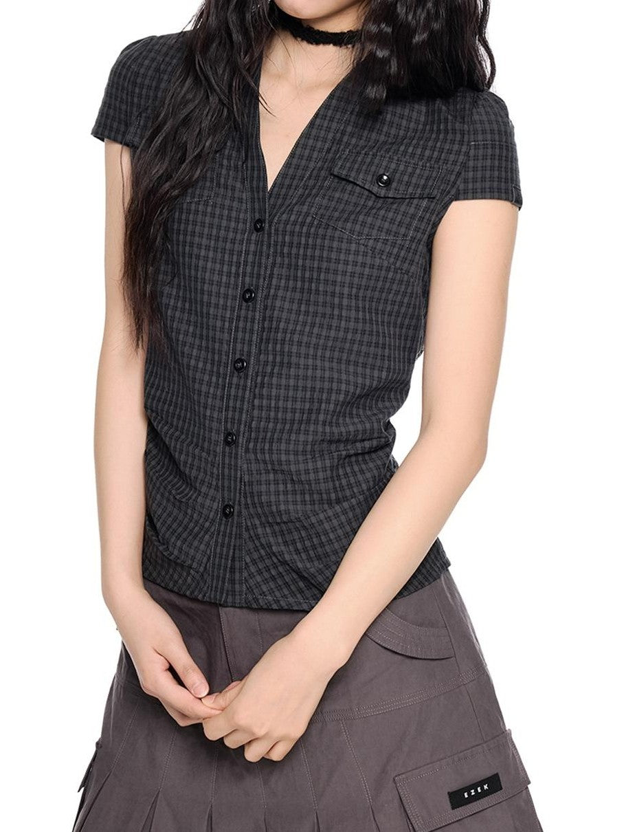 EZEK Plaid Ruched Slim Fit Half Open Collar Button Women's Cotton Short Sleeve T-shirts
