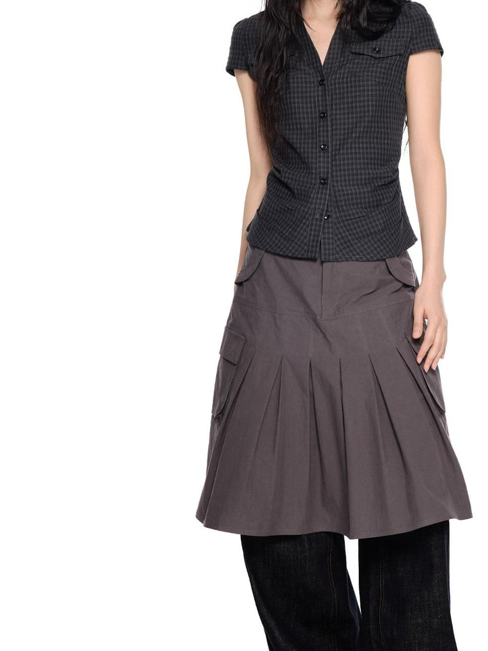 EZEK Plaid Ruched Slim Fit Half Open Collar Button Women's Cotton Short Sleeve T-shirts