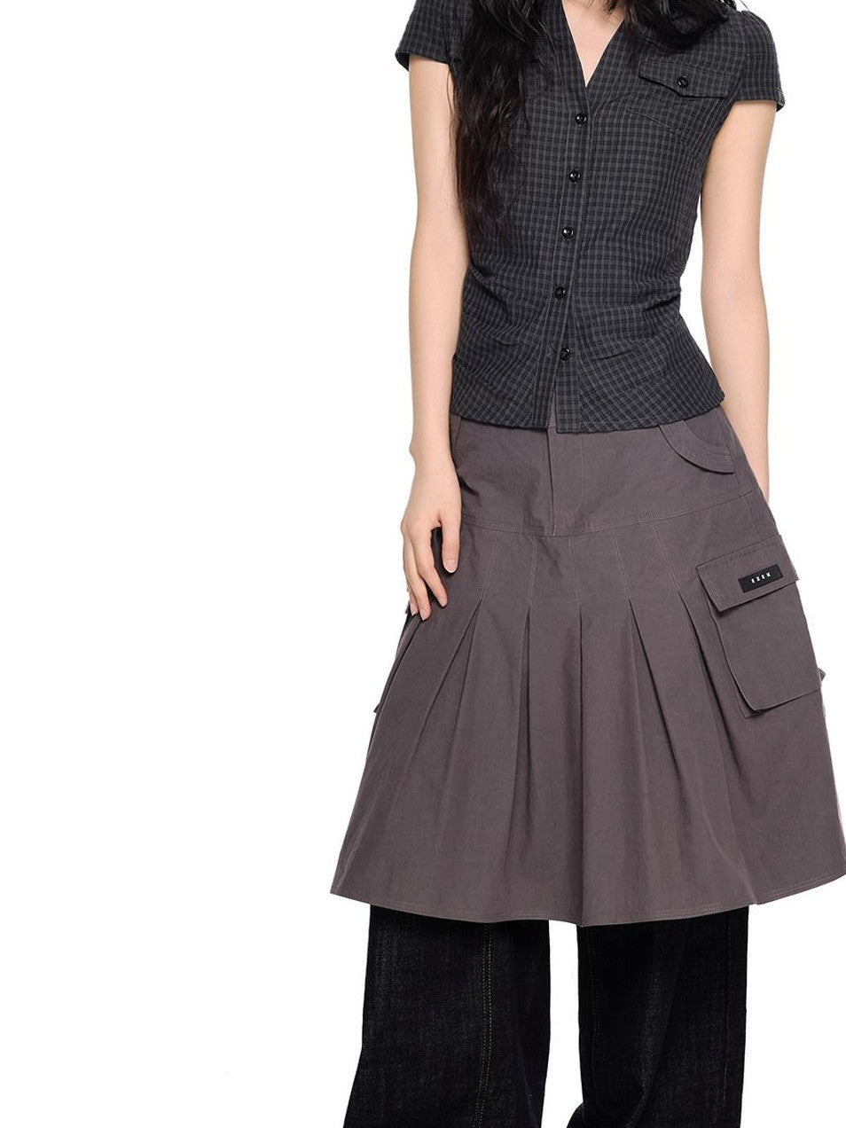 EZEK Plaid Ruched Slim Fit Half Open Collar Button Women's Cotton Short Sleeve T-shirts