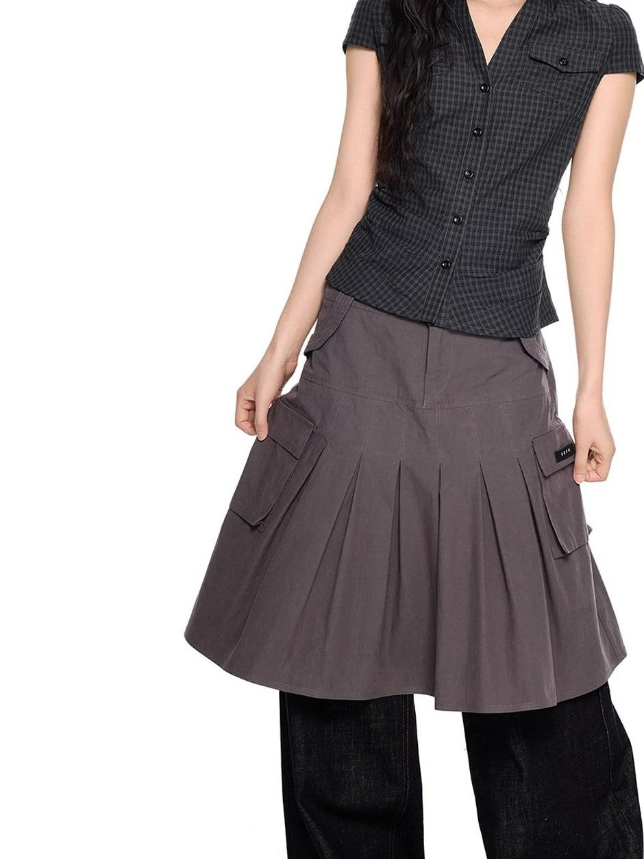 EZEK Plaid Ruched Slim Fit Half Open Collar Button Women's Cotton Short Sleeve T-shirts
