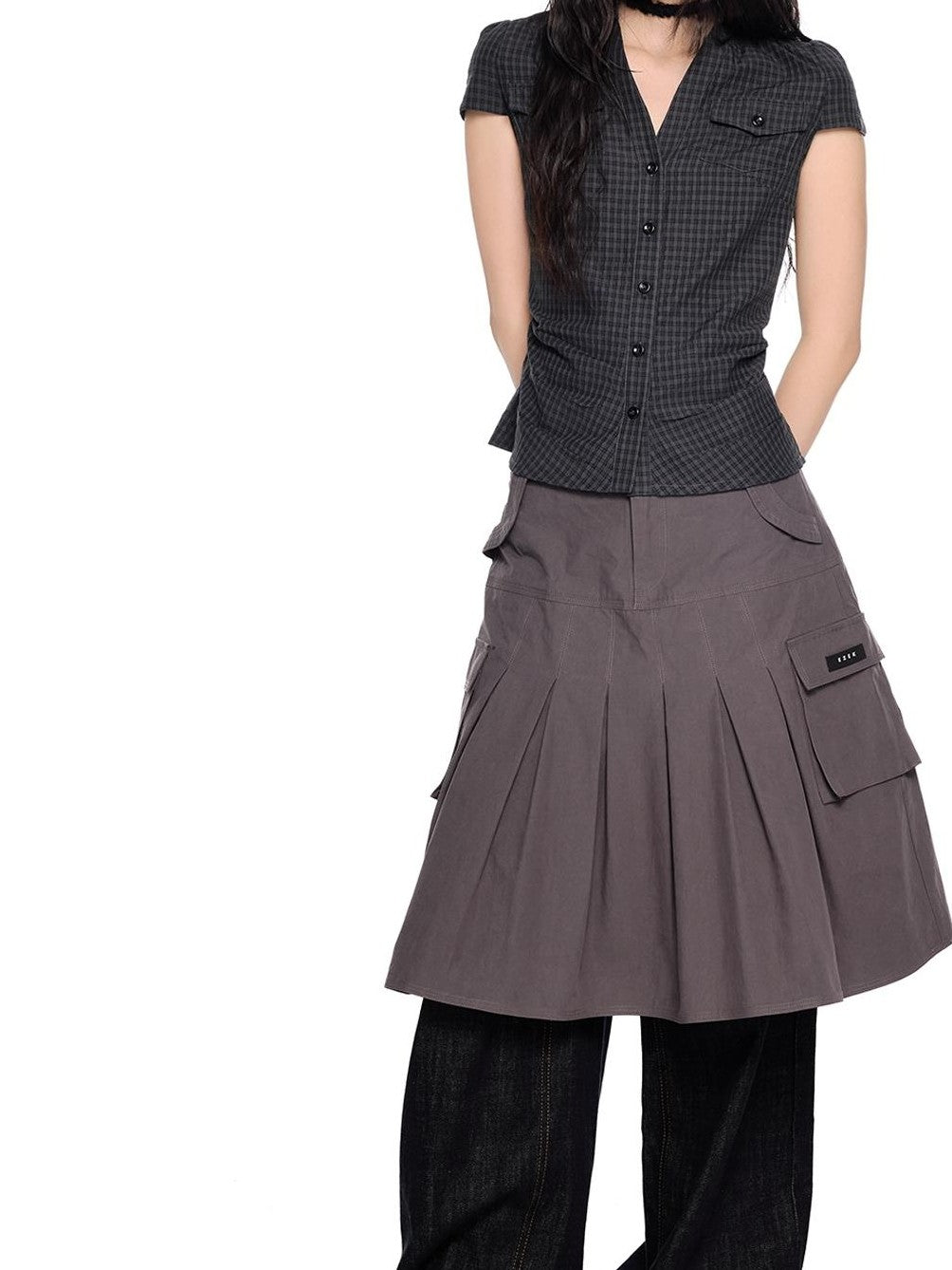 EZEK Plaid Ruched Slim Fit Half Open Collar Button Women's Cotton Short Sleeve T-shirts