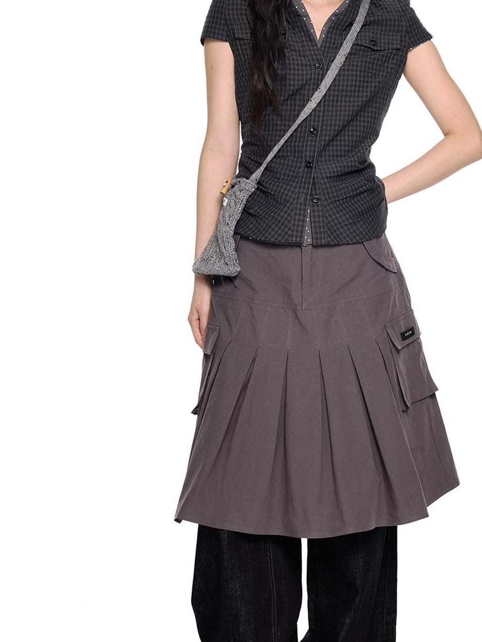 EZEK Plaid Ruched Slim Fit Half Open Collar Button Women's Cotton Short Sleeve T-shirts