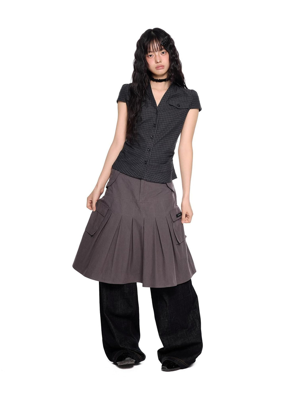 EZEK Plaid Ruched Slim Fit Half Open Collar Button Women's Cotton Short Sleeve T-shirts