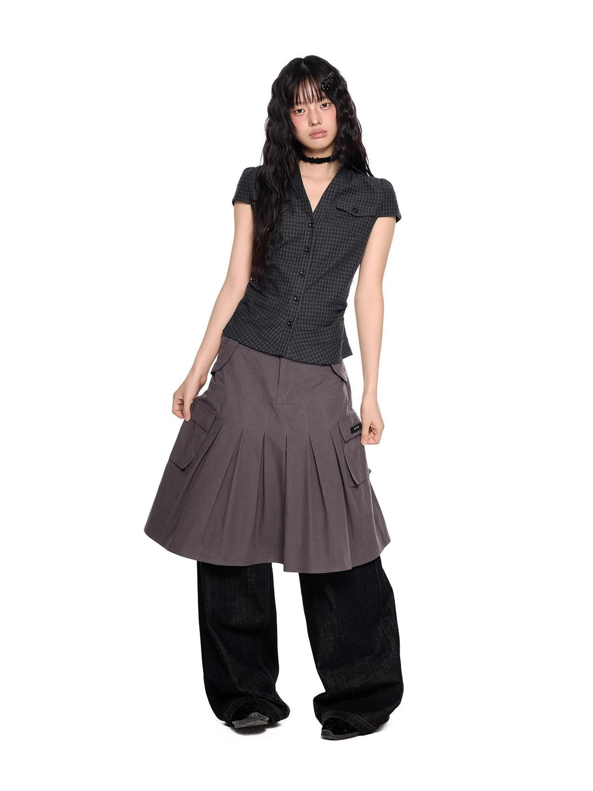 EZEK Plaid Ruched Slim Fit Half Open Collar Button Women's Cotton Short Sleeve T-shirts