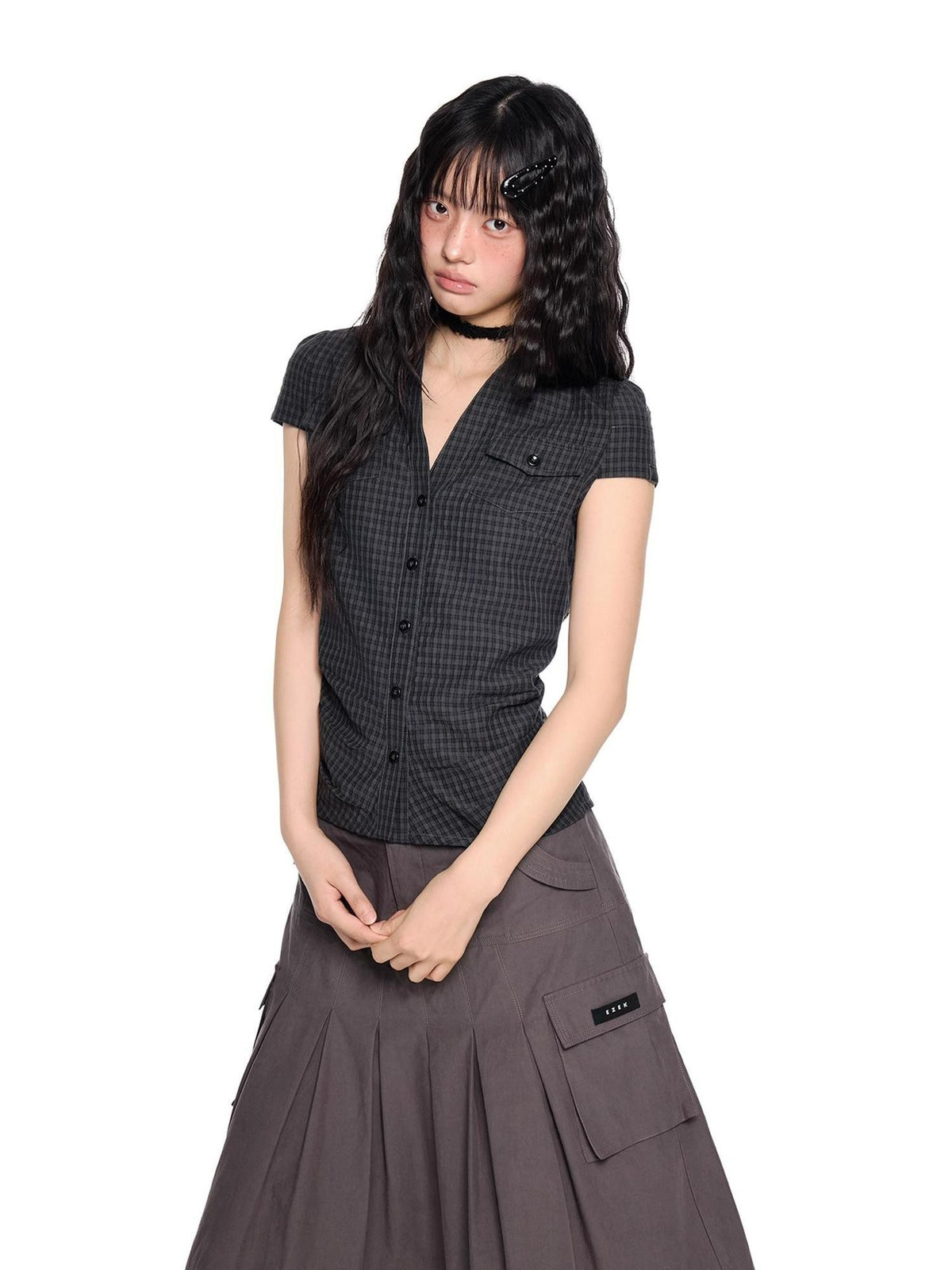 EZEK Plaid Ruched Slim Fit Half Open Collar Button Women's Cotton Short Sleeve T-shirts